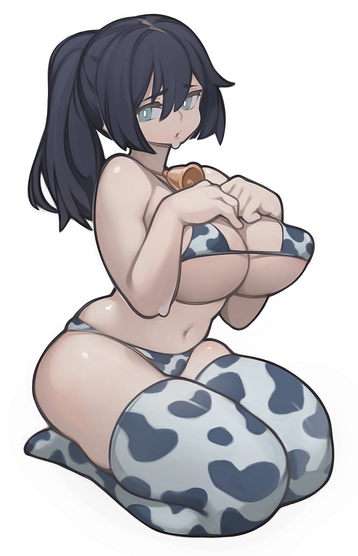 :o, animal print, bangs, bare shoulders, bell, bikini, black hair, blue eyes, breast suppress, breasts, collar, commentary, covered nipples, cow print, eyebrows visible through hair, female, hair between eyes, highres, large breasts, lentiyay, long hair, looking at viewer, micro bikini, navel, neck bell, open mouth, original, ponytail, seiza, sidelocks, simple background, sitting, solo, sweat, swimsuit, symbol-only commentary, thighhighs, white background