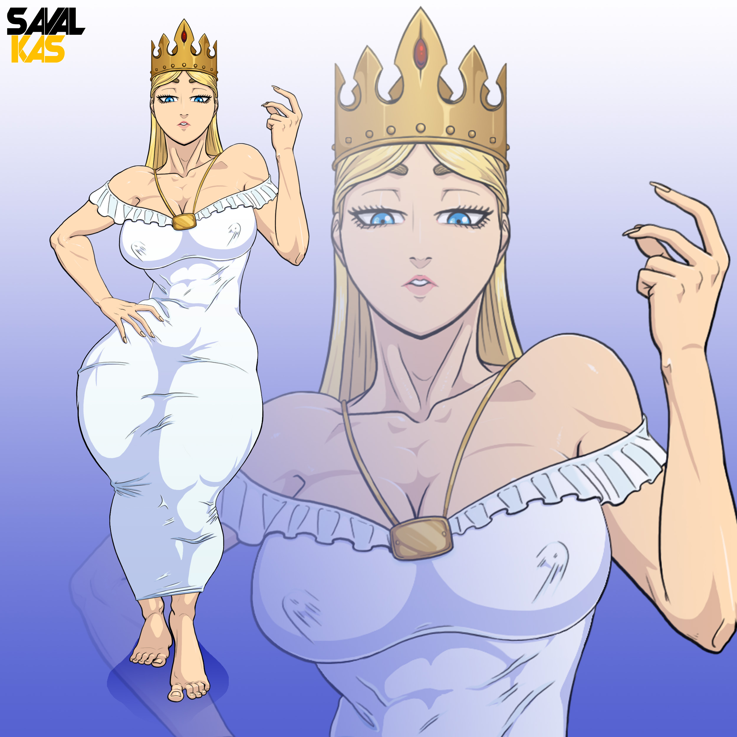 1futa, 1girls, abs, abs visible through clothing, arrogant, attack on titan, barefoot, blonde hair, blue eyes, breasts, christa lenz, cleavage, clothing, crown, dress, exposed shoulders, feet, female, futanari, highres, historia reiss, hourglass figure, impossible clothes, intersex, light skin, light-skinned female, long hair, looking at viewer, looking down at viewer, nipples visible through clothing, princess, queen, royalty, savalkas, shingeki no kyojin, solo, thick thighs, tight clothing, toes, white dress