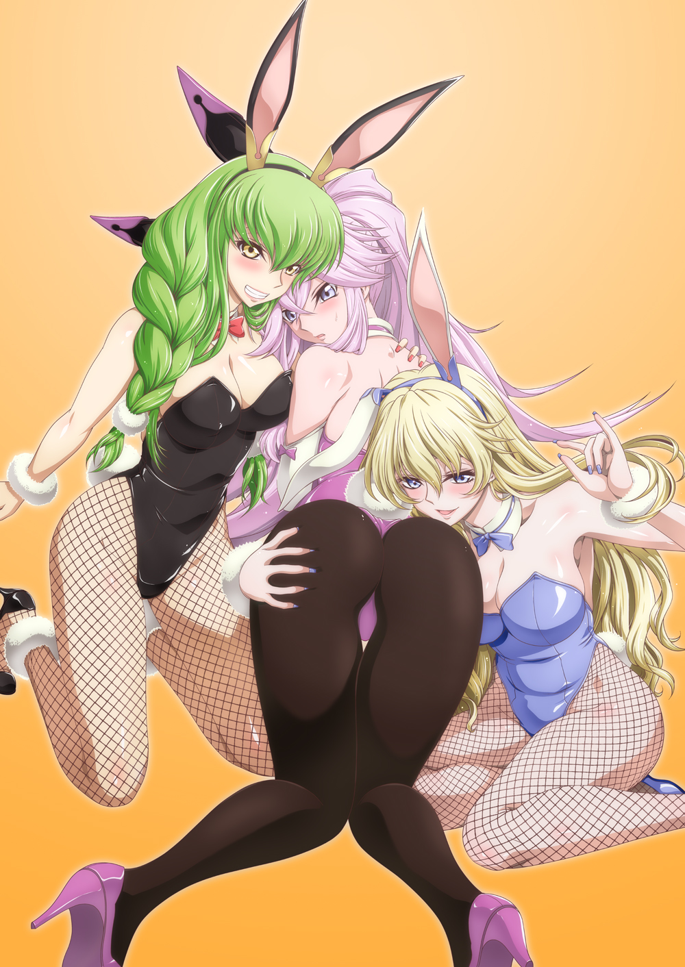 3girls animal_ears ass black_legwear blonde_hair blue_eyes blush braid bunny_costume bunny_ears bunny_tail bunnysuit c.c. cleavage cleft_of_venus code_geass code_geass:_boukoku_no_akito code_geass:_genesic_re;code fishnet_legwear fishnets gigi_(code_geass) green_hair hair_ornament heels high_heels highres kaname_aomame leila_(code_geass) leila_malcal leotard lingerie long_hair looking_at_viewer looking_back medium_breasts multiple_girls pantyhose playboy_bunny ponytail presenting presenting_hindquarters purple_eyes purple_hair rabbit_ears smile smiling smiling_at_viewer twintails underwear white_hair yellow_eyes