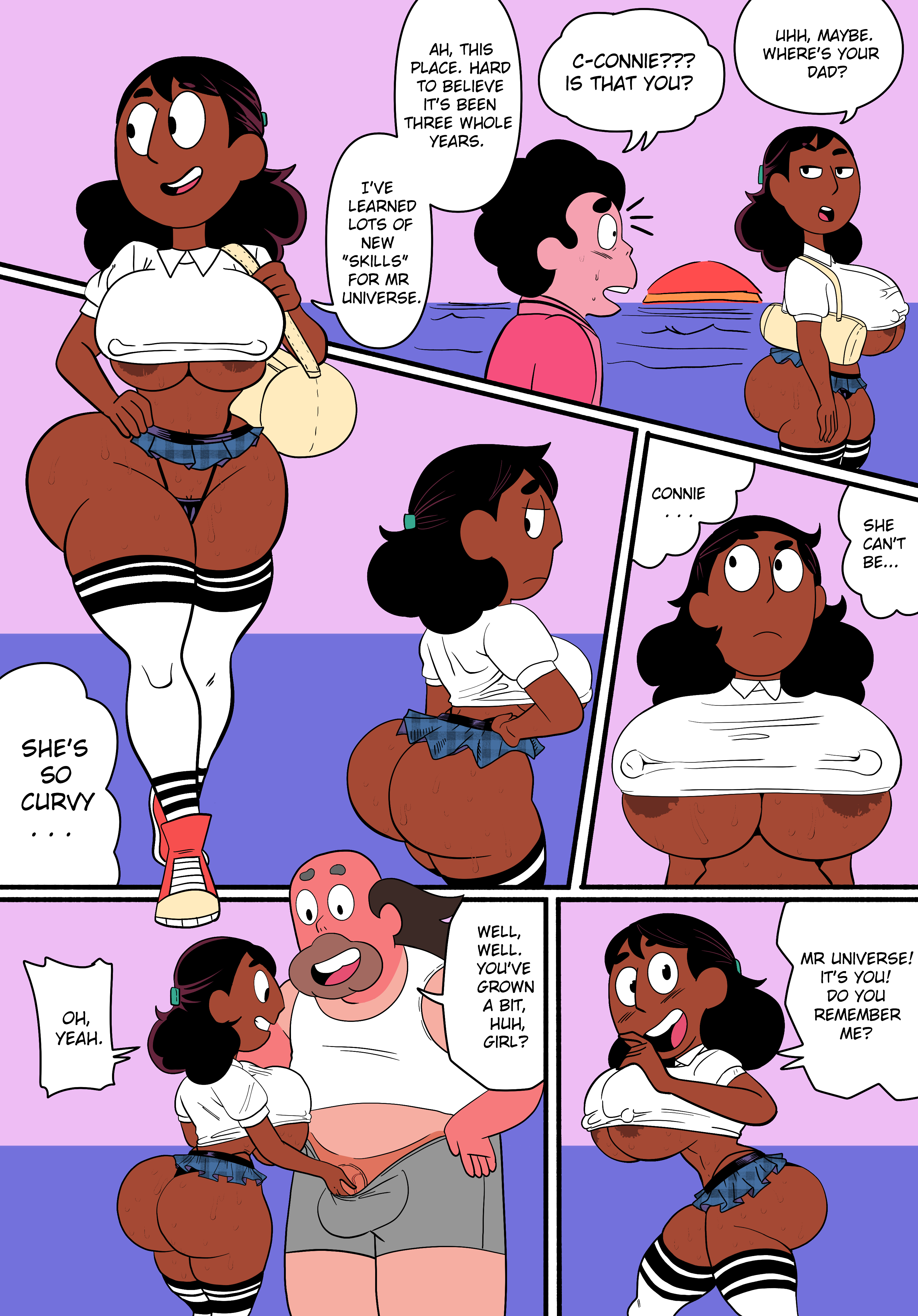 1girls, 2boys, areola slip, ass, betrayal, big ass, big breasts, breasts, bulge, cartoon network, cheating, cheating girlfriend, color, comic, connie maheswaran, crop top, cucked by father, cuckold, dark skin, dark-skinned female, doompypomp, edit, english text, father, father and son's girlfriend, female, greg universe, groping crotch, indian, indian female, interracial, light skin, light-skinned male, male, microskirt, netorare, ntr, penis, penis grab, revealing clothes, school uniform, son, son cuck, speech bubble, steven quartz universe, steven universe, steven universe future, text, thighhighs, underboob, veiny penis