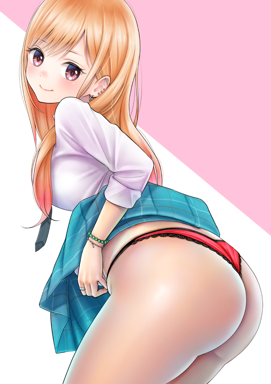 1girls ass big_ass big_breasts big_butt black_and_red_panties blonde_hair breasts eye_contact female gyaru kitagawa_marin long_hair looking_at_viewer panties picot_trim picot_trim_panties red_panties satin satin_panties skirt skirt_lift solo sono_bisque_doll_wa_koi_wo_suru takapin thick_thighs thighs