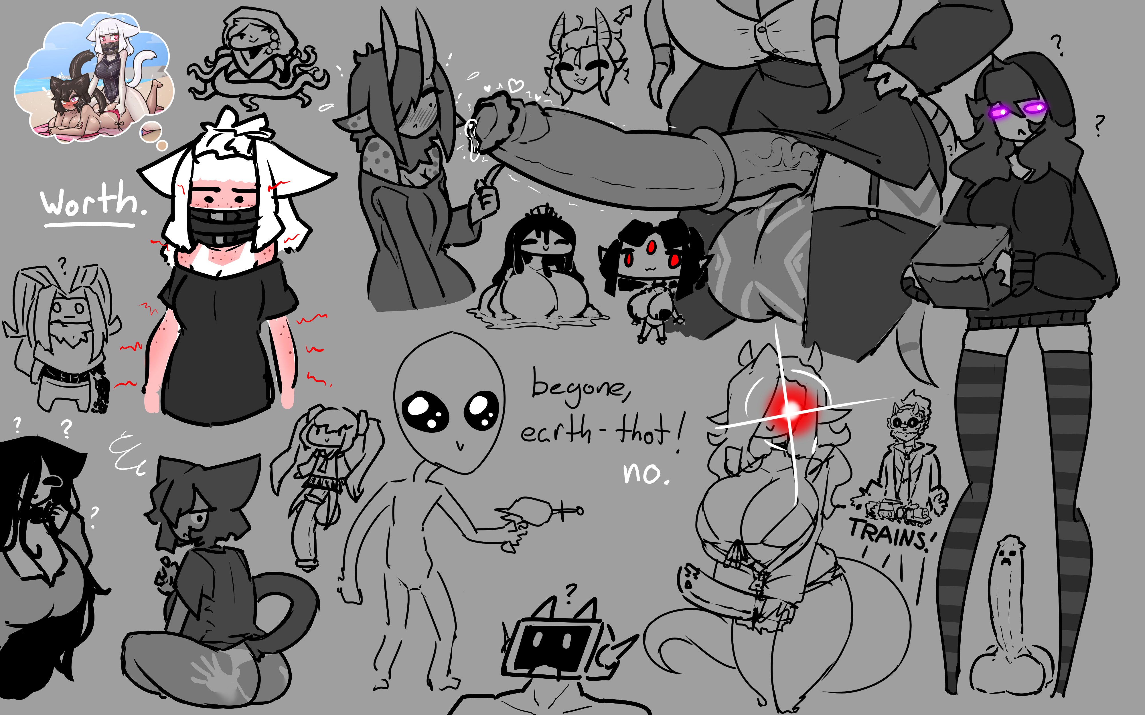 ?, ??, 1boy, 2futas, 3futas, 6+girls, alien humanoid, ambiguous gender, animal ears, ass, blush, bottomless, breasts, cat ears, cat girl, cat tail, catrina (limebreaker), cleavage, closed eyes, creeper (minecraft), deem (arhquarium), demon girl, dildo, enderman, enderwoman, english text, erection, eulcojoh, female, flying sweatdrops, futanari, garter straps, glasses, glowing, glowing eyes, graves (limebreaker), grey alien, grey background, grey skin, hair over one eye, hatsune miku, holding, hood, hood up, hoodie, horns, huge breasts, huge penis, intersex, juno (limebreaker), large breasts, large penis, limebreaker, long hair, lumen osseptera, male, monster girl, multiple boys, multiple girls, multiple penises, off shoulder, open mouth, original, penis, pointy ears, qaitlynne, red eyes, rose (limebreaker), shikaari, shirt, short hair, simple background, sitting, skirt, sleeves past wrists, smaller female, smile, spot color, striped, sweater, tagme, tail, taller female, tentacles, testicles, thighhighs, veins, vocaloid