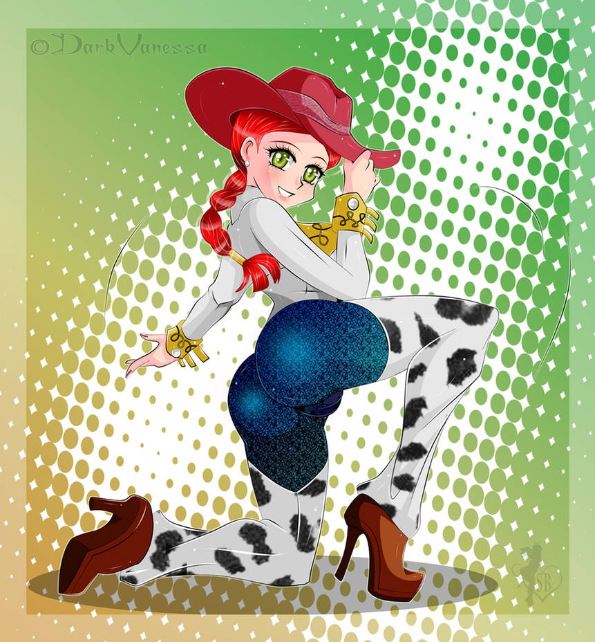 ass bracelet bracelets cameltoe cow_girl cowboy_hat cowgirl dark_vanessa disney green_eyes heels jessie_(toy_story) kneeling pixar red_hair solo toy_story