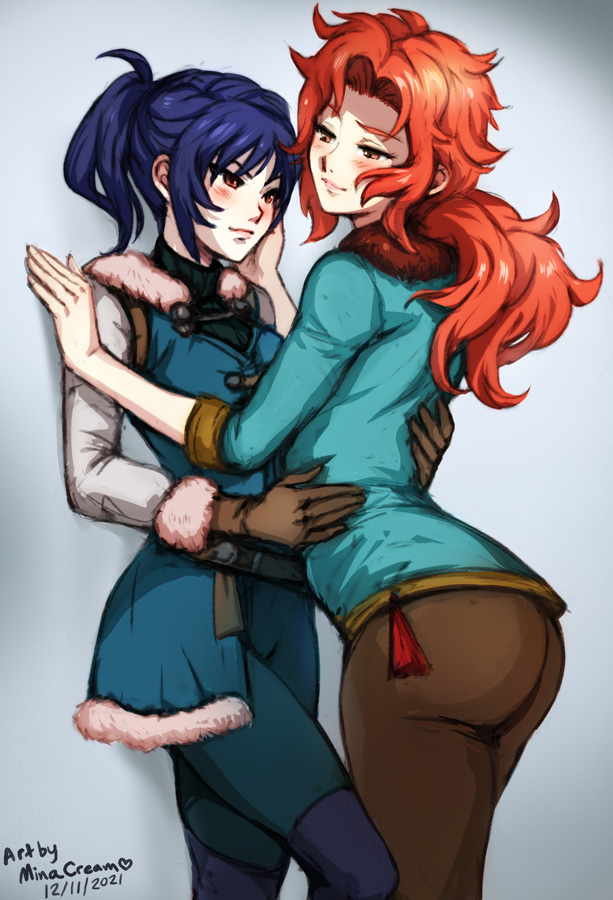 2021, 2girls, against wall, artist name, ass, big ass, blue hair, breasts, brown eyes, caress, english commentary, felix hugo fraldarius, female, female only, fire emblem, fire emblem: three houses, genderswap, genderswap (mtf), gloves, grey background, hand on face, medium breasts, medium hair, minacream, multiple females, multiple girls, nintendo, orange eyes, orange hair, pants, ponytail, red eyes, rule 63, short hair, simple background, small breasts, smile, sylvain jose gautier, yuri
