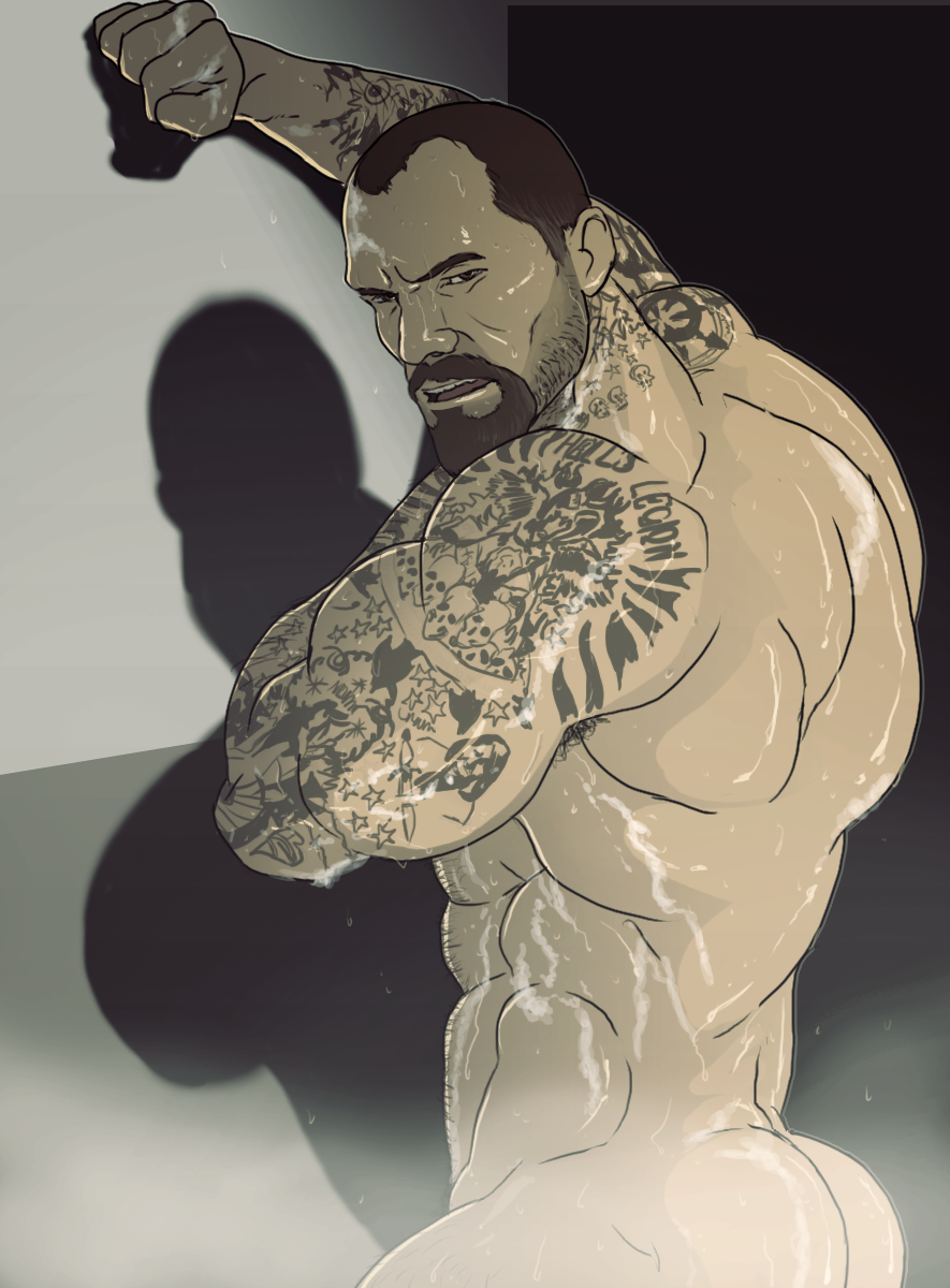 1boy 2d_(artwork) abs ass_focus bara barazoku beard being_watched big_biceps big_muscles body_hair bubble_butt facial_hair francis goatee huge_ass human left_4_dead male_only manly muscular_male naked naked_male nude remert shiny_skin shower showering solo solo_male tattoo tattooed_arm tattoos washing watched wet_body