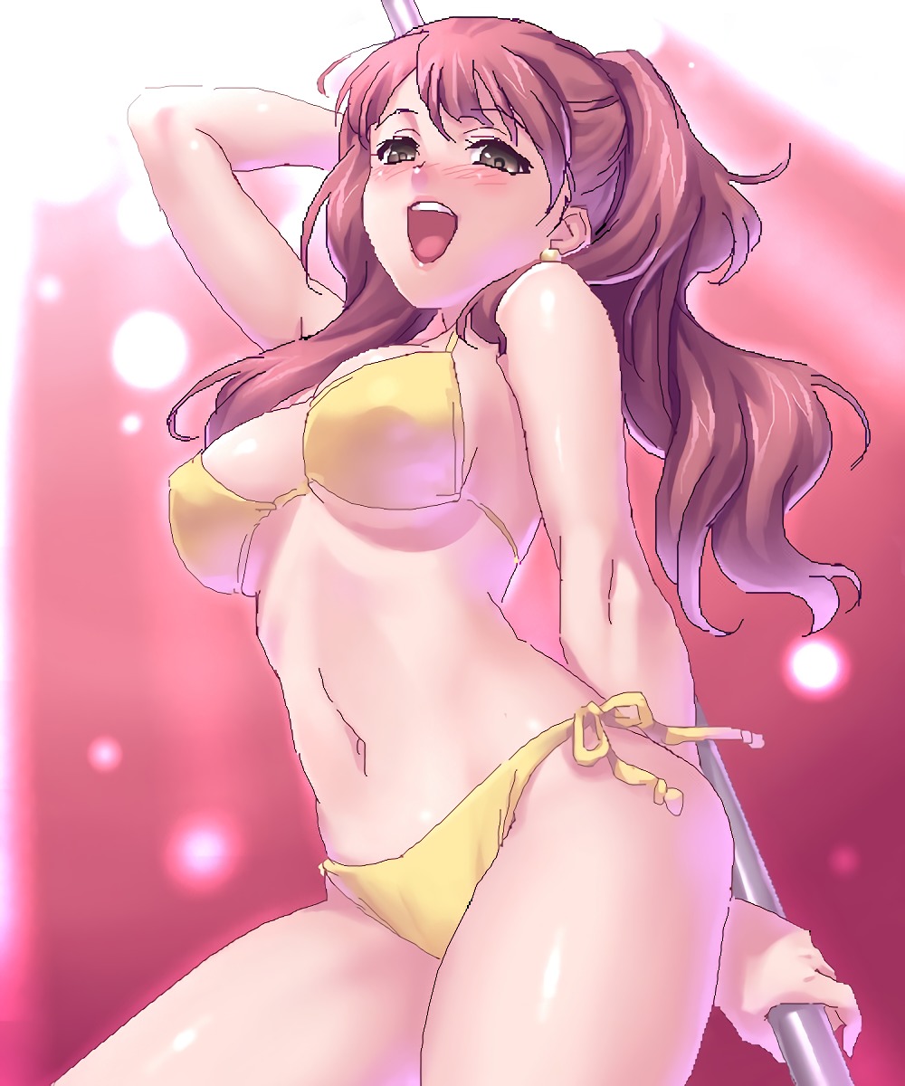 1girls, alternate costume, atlus, big breasts, bikini, bikini bottom, bikini top, blush, breasts, brown eyes, brown hair, busty, cleavage, female, kujikawa rise, large breasts, low-angle view, open mouth, persona, persona 4, pixel art, pixelated, pole, pole dancing, side-tie bikini, smile, solo, twintails, yellow bikini