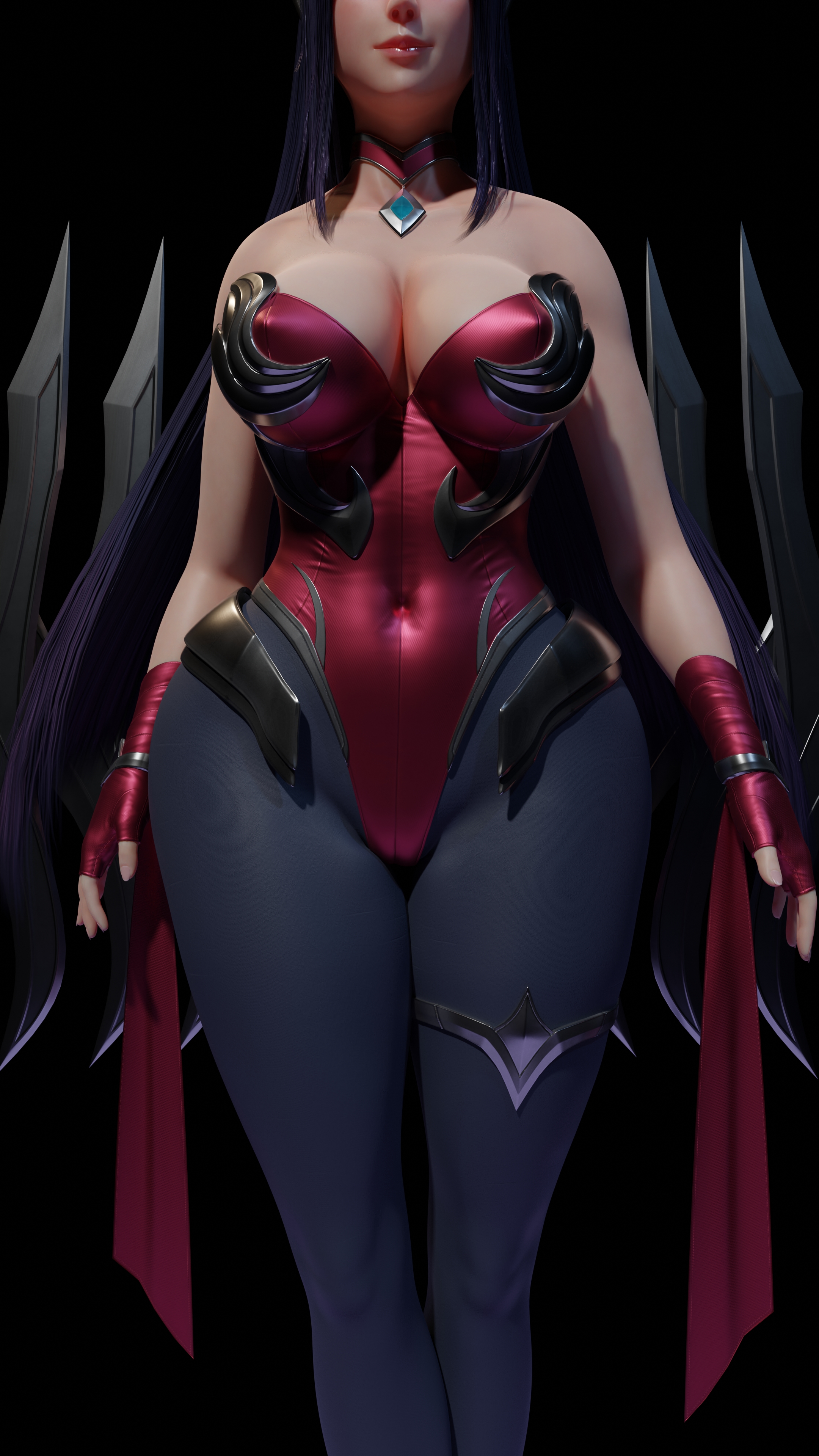 1girls, 3d, armor, ass, bare arms, big ass, big breasts, black hair, breasts, chumb3d, cleavage, clothed, faceless, female, female only, fingerless gloves, gloves, irelia xan, league of legends, league of legends: wild rift, navel outline, necklace, nipple bulge, posing, purple hair, smile, solo, thick thighs, walking