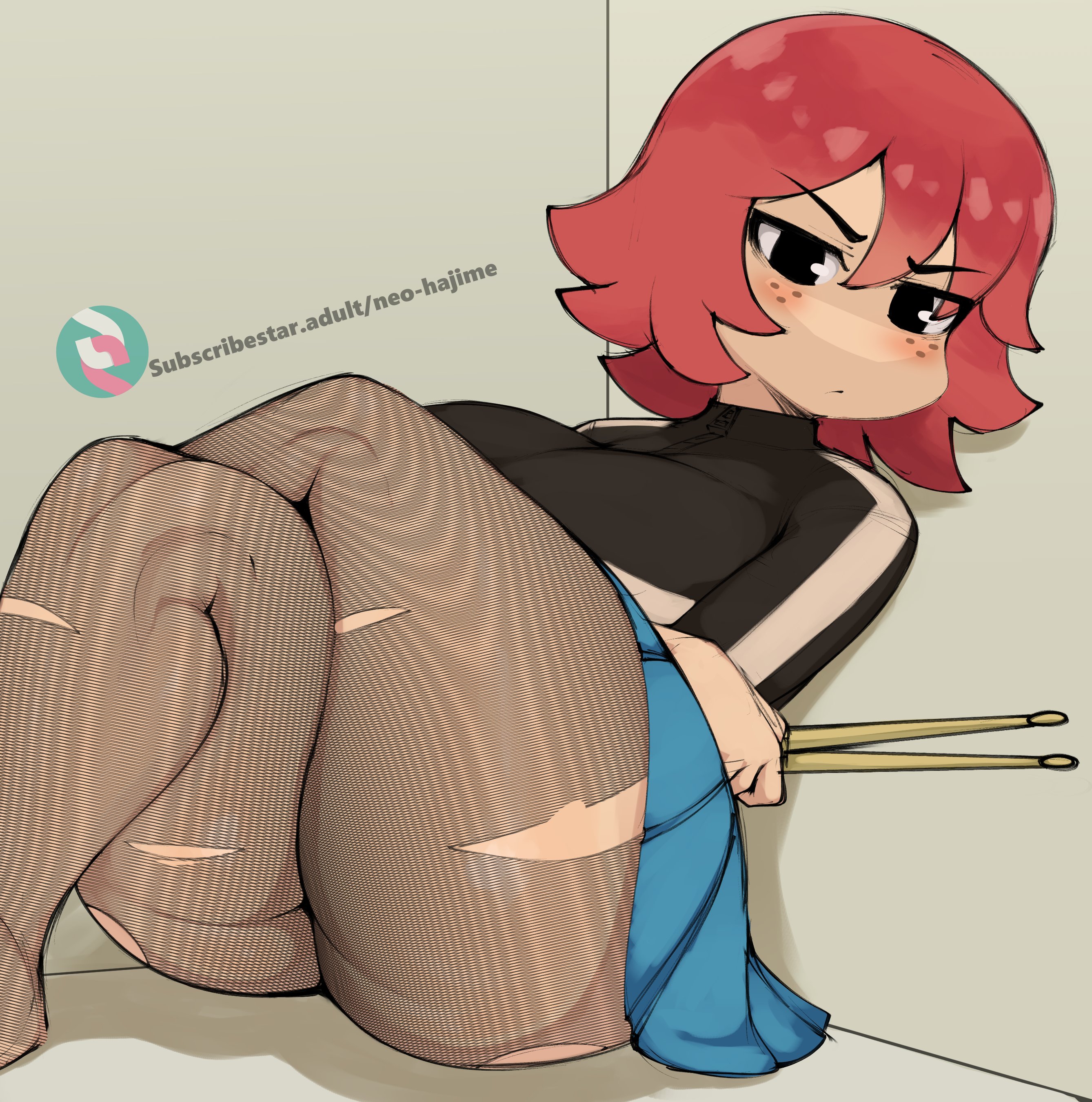 1girls, ass, big ass, big breasts, big butt, blush, breasts, female, female only, freckles, huge ass, kim pine, neo hajime, pantyhose, red hair, ripped pantyhose, scott pilgrim, short hair, shortstack, sitting, skirt, solo, thick thighs, thighs, voluptuous