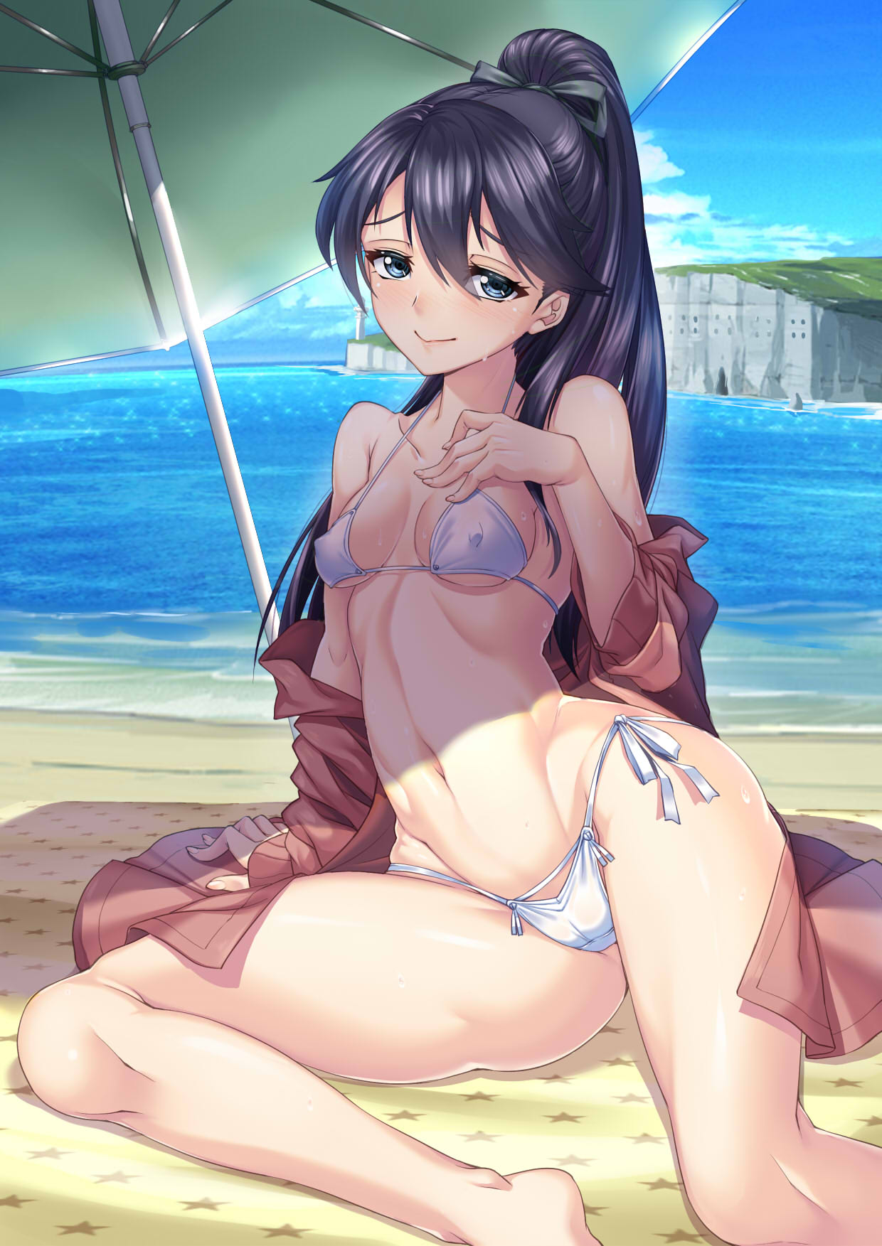 bare_shoulders beach beach_umbrella bikini black_hair blue_eyes breasts cameltoe cloud covered_nipples day female groin hair_between_eyes highres houshou_(kantai_collection) kantai_collection long_sleeves looking_at_viewer navel ocean off_shoulder outdoors ponytail sand shirokuma_a shore side-tie_bikini sky small_breasts smile solo star_(symbol) star_print sweat swimsuit umbrella water white_bikini