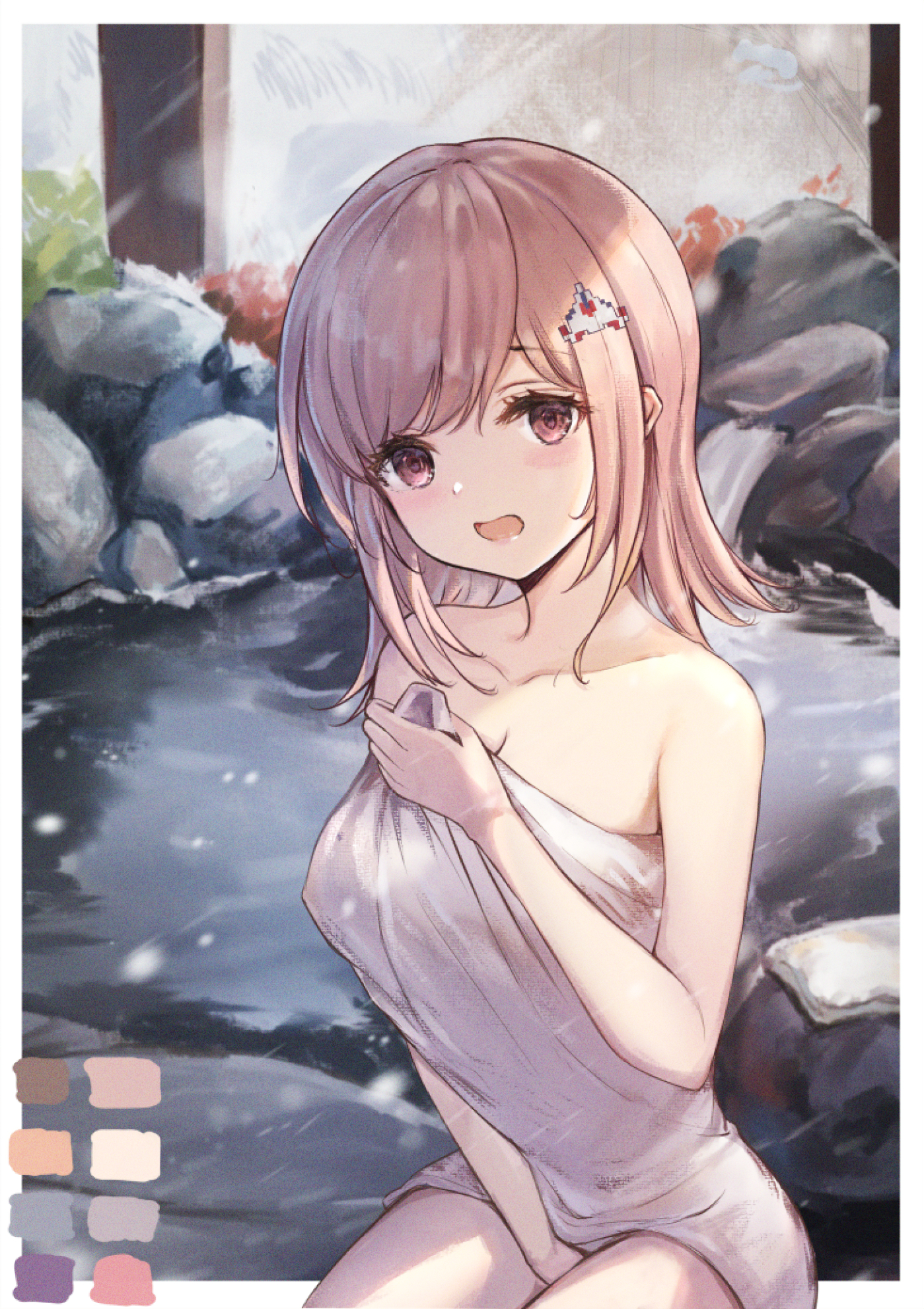 1girls, alternate costume, bangs, bare arms, bare shoulders, big breasts, border, breasts, collarbone, danganronpa, danganronpa 2: goodbye despair, danganronpa 3, female, female focus, female only, hair ornament, hand between legs, holding, holding towel, hot spring, human, human focus, human only, joshu, large breasts, light skin, light-skinned female, long hair, looking at viewer, naked towel, nanami chiaki, onsen, outdoors, outside, red eyes, rock, solo, solo female, solo focus, straight hair, super danganronpa 2, towel, water, white border