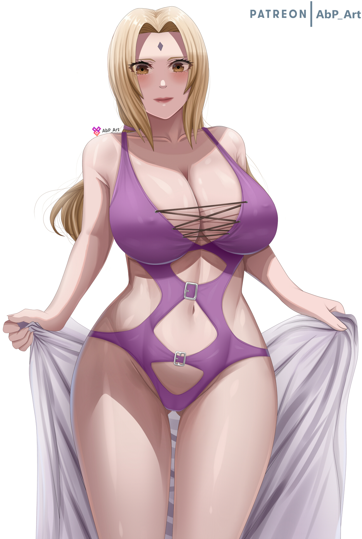 1girls, abp art, big breasts, blonde hair, breasts, brown eyes, busty, center opening, erect nipples, erect nipples under swimsuit, facial mark, female, female only, forehead mark, holding object, hourglass figure, huge breasts, light skin, light-skinned female, lipstick, long hair, makeup, mature, mature female, naruto, naruto (series), naruto shippuden, nipples, one-piece swimsuit, paipan, pale skin, pale-skinned female, pinup, presenting, presenting self, purple swimsuit, revealing swimsuit, shiny, shiny hair, shiny skin, skindentation, solo, solo focus, swimsuit, tied hair, tight clothing, tight swimsuit, towel, tsunade, twintails, voluptuous