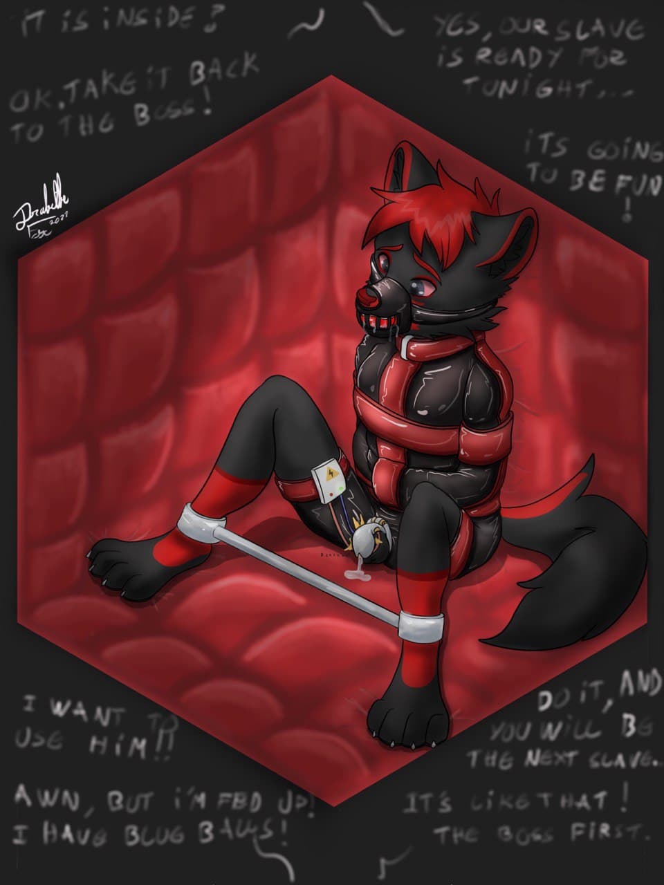 anthro bodily_fluids bondage bound box chastity_cage chastity_device clothing confinement drakethefox electricity electrostimulation encasement furry gag genital_fluids hi_res latex leaking_precum male male_only malesub muzzle_(object) muzzled precum restraints rubber rubber_clothing rubber_suit solo spreader_bar straitjacket