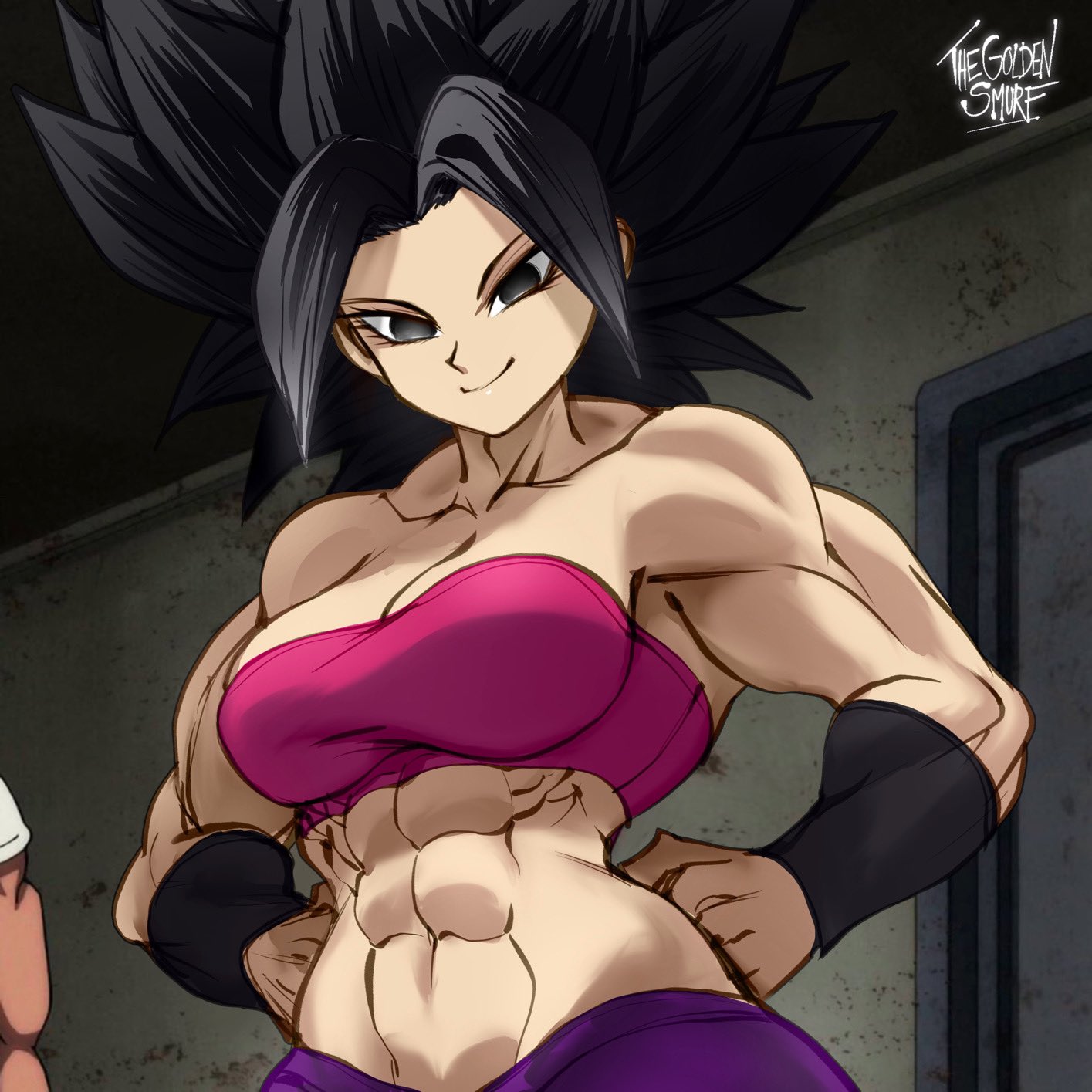 1girls, abs, armpits, biceps, big breasts, black eyes, black hair, breasts, caulifla, crop top, dragon ball, dragon ball super, female, female focus, female only, muscles, muscular, muscular female, redraw, saiyan, shoulders, smile, solo, solo female, spiky hair, thegoldensmurf, wide hips