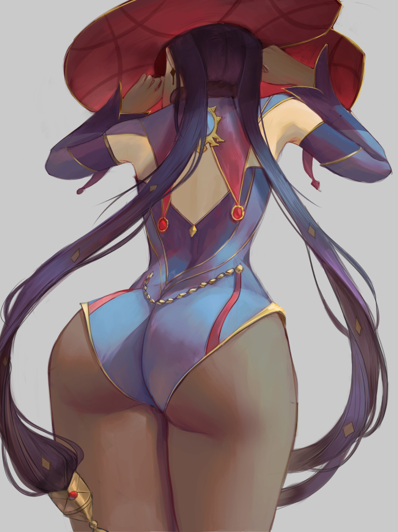 1girls, 2022, absurd res, ass, ass focus, big ass, black hair, blue background, bubble ass, bubble butt, facing forward, female, female only, genshin impact, hat, hips, ignitesart, large ass, large hat, leggings, leotard, mona (genshin impact), purple hair, slim waist, solo, thick thighs, thighs, tights, twintails, wide hips, witch, witch hat