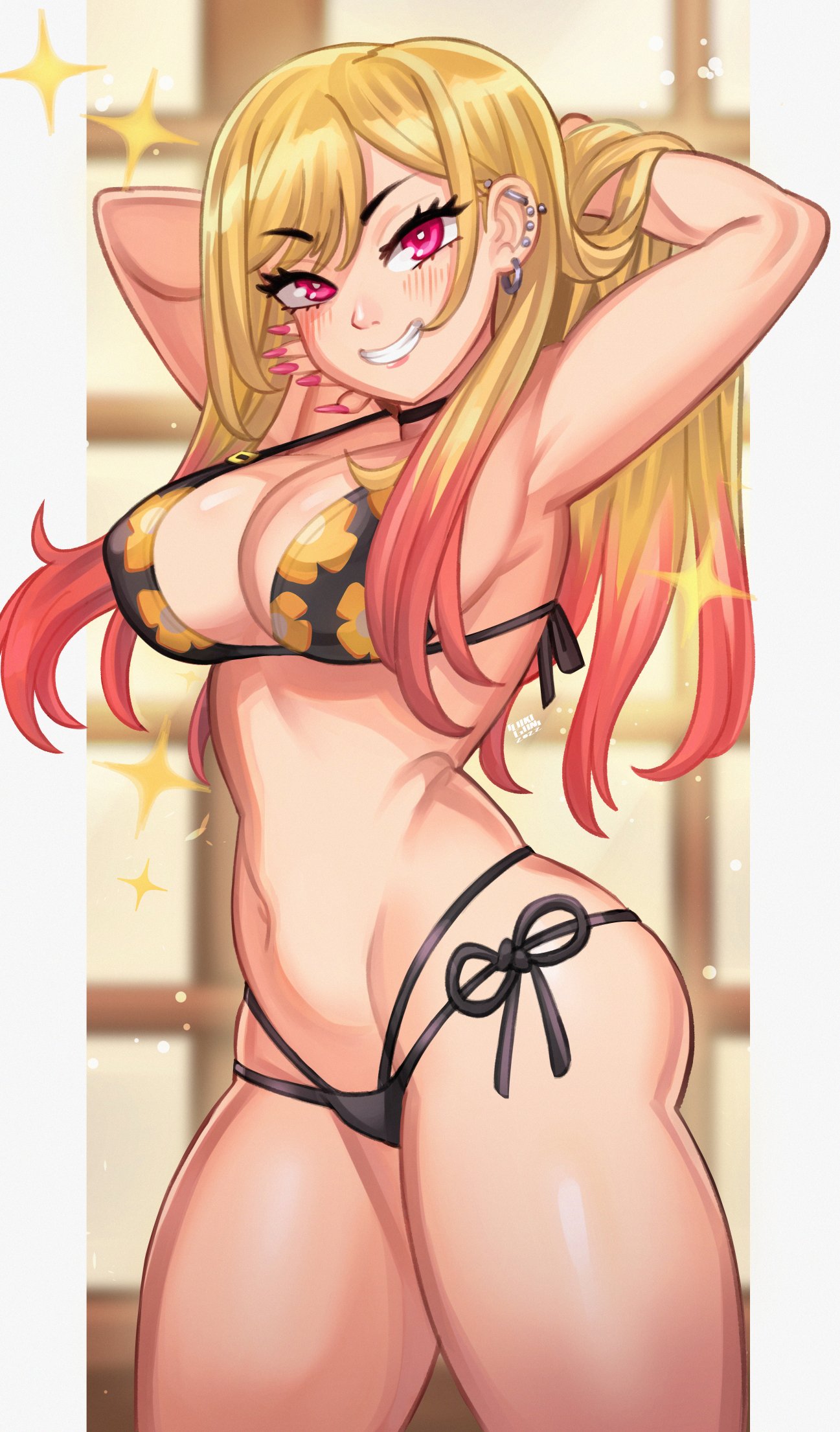 1girls arms_behind_head bikini blonde_hair earrings flower_pattern gyaru kitagawa_marin lokigun long_hair long_nails looking_at_viewer red_eyes red_fingernails sono_bisque_doll_wa_koi_wo_suru watermark