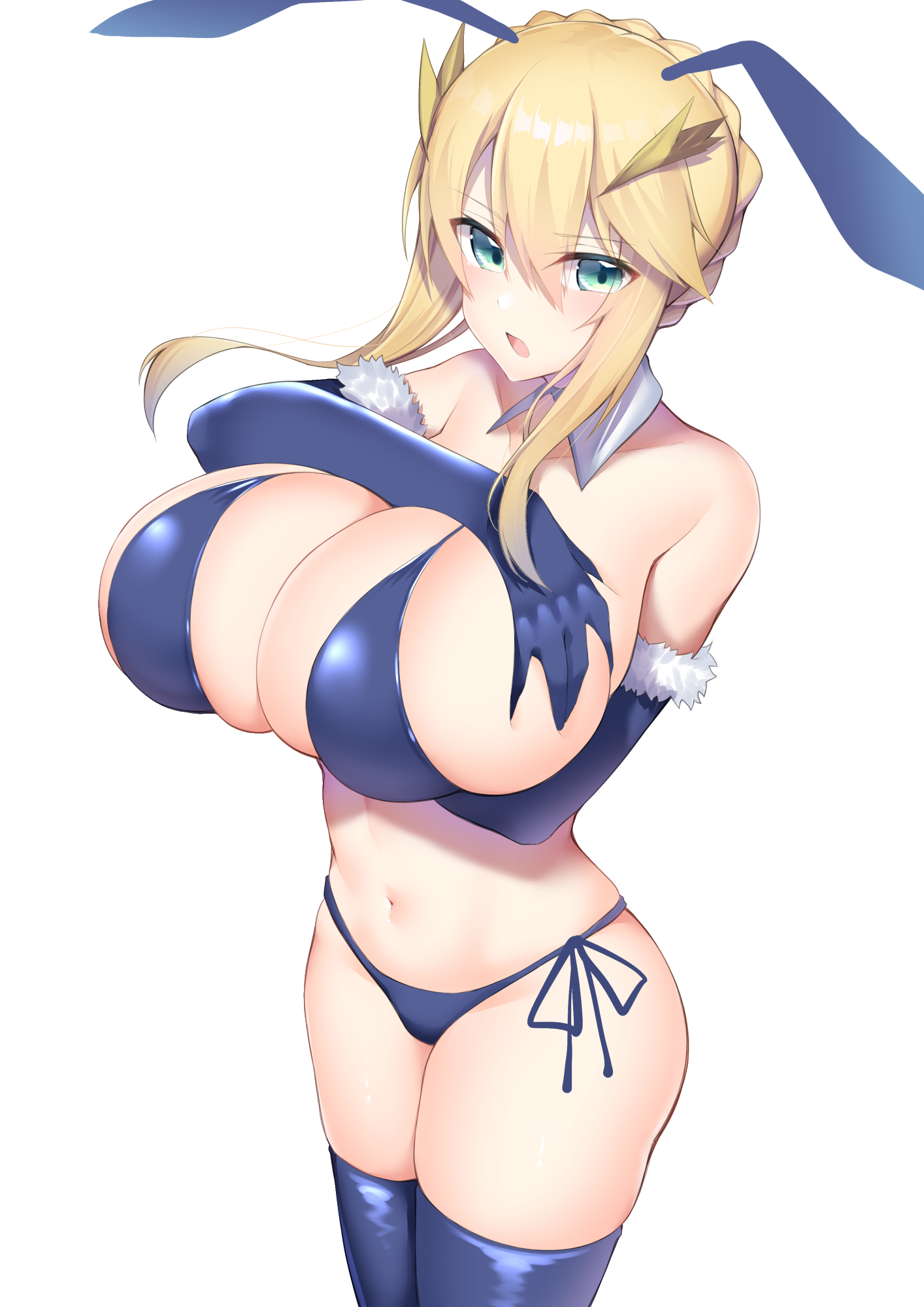 1girls, 2022, artoria pendragon, artoria pendragon (lancer), bikini, blonde hair, blue bikini, blush, breasts, bunny ears, bunny girl, cleavage, fate (series), fate/grand order, female, female only, green eyes, hi res, hips, holding breasts, huge breasts, kitajima yuuki, long hair, looking at viewer, open mouth, side-tie bikini, simple background, slim waist, thick thighs, thighhighs, thighs, tied hair, white background, wide hips