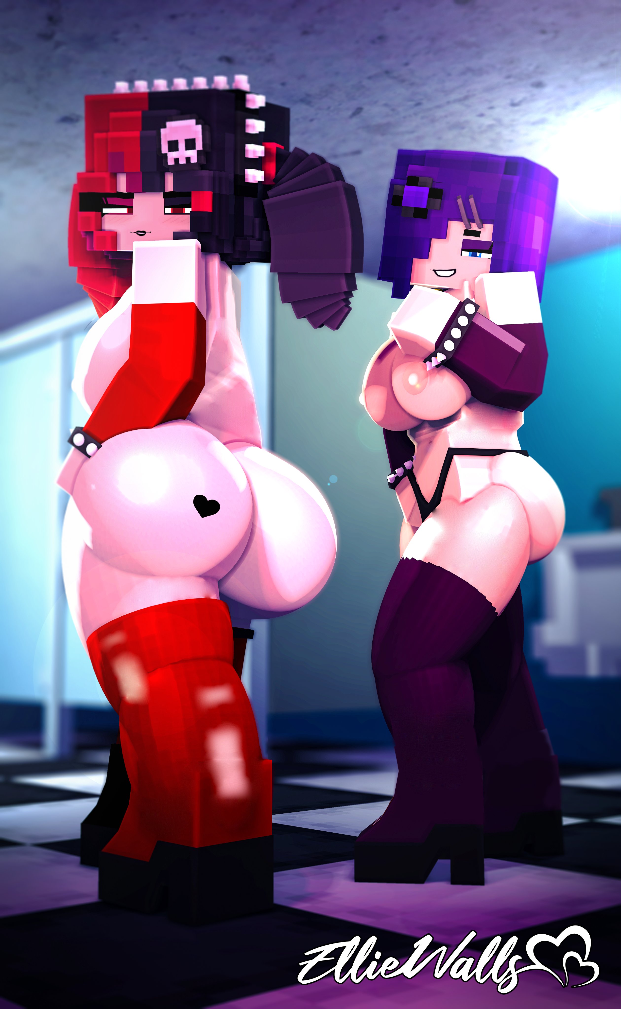 2girls, 3d, ass, big ass, big breasts, black and red hair, black and white hair, blue eyes, breasts, bubble ass, bubble butt, commission, ellie walls (odysseyellie), female, goth, goth girl, heart tattoo, high heels, horny, horny female, human, human female, humanoid, jenny belle (slipperyt), looking at another, looking at partner, looking at viewer, looking back, mine-imator, minecraft, multicolored hair, odysseyellie, outside, posing, prostitution, purple hair, purple stockings, red eyes, red stockings, spiked hairband, stockings, tagme, thong