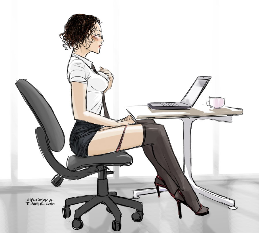 au_(artist) black_hair boli-blog breasts carl_(artist) fondling_breast glasses high_heels masturbation miniskirt nipple_bulge nipples_visible_through_clothing office office_lady online stockings