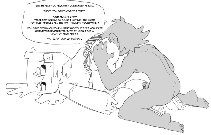 alex (minecraft), black and white, butt sniffing, butt up, dialogue, dirty talk, english text, female, jerking, jerkingoff, laying down, lilmoonie, lilmoonie (character), male, male/female, masturbation, minecraft, sniffing, sweat