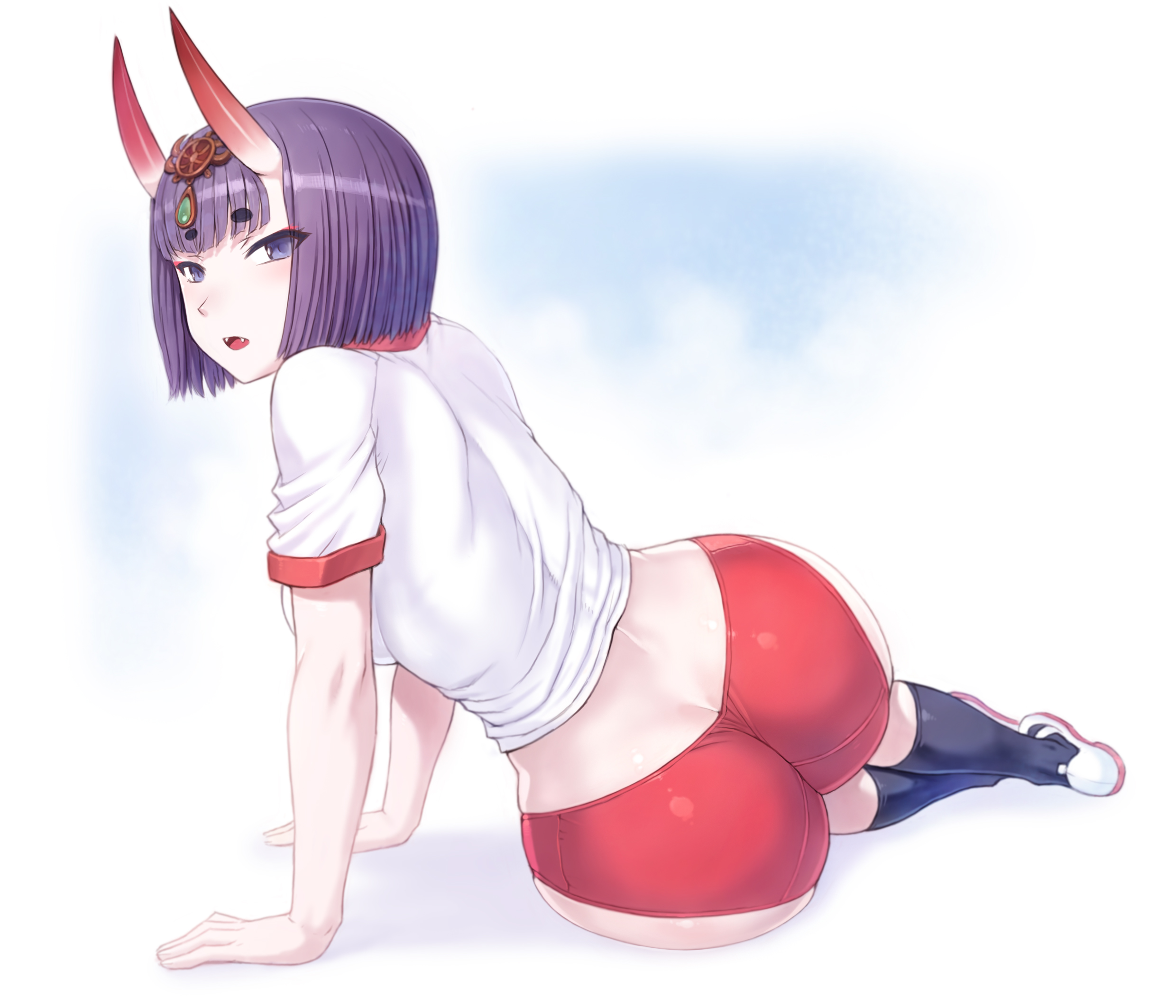 1girls, ass, big ass, bloomers, blue eyes, breasts, buruma, fate (series), fate/grand order, female, female only, gym uniform, horns, huge ass, large ass, looking at viewer, mogudan, open mouth, purple hair, shoes, shuten douji (fate), socks, solo, white shirt