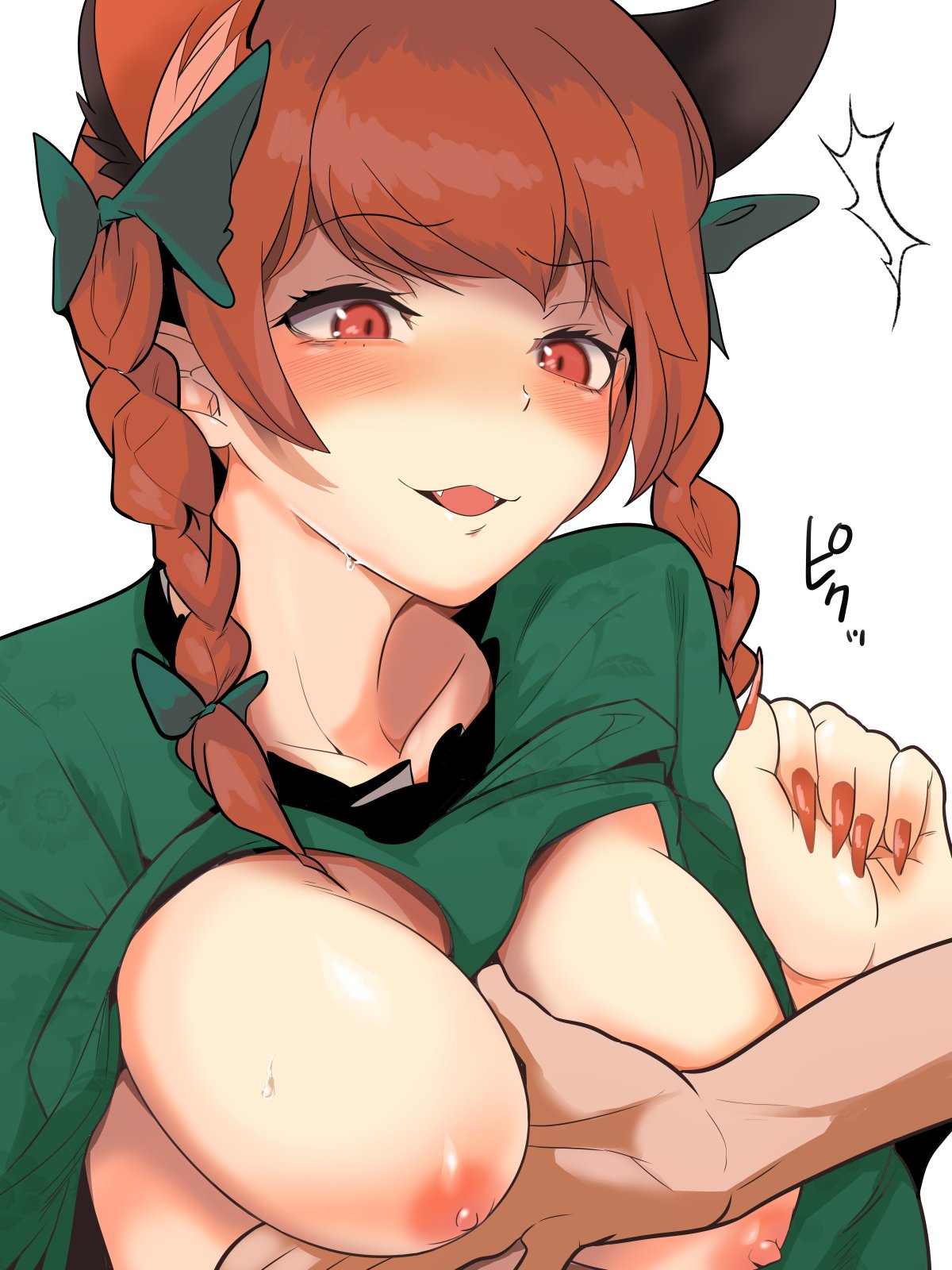1boy, animal ear fluff, animal ears, bad anatomy, bangs, banned artist, blush, bow, braid, breasts, breasts out, cat ears, dress, eyebrows visible through hair, fangs, female, fingernails, green bow, green dress, hair ribbon, hairbow, hand up, hekiga (freelot), highres, large breasts, long fingernails, long hair, male, multi ear, nail polish, nipples, nose blush, open mouth, red eyes, red hair, red nails, ribbon, rin kaenbyou, sharp fingernails, simple background, smile, swept bangs, touhou, tress ribbon, twin braids, twintails, upper body, white background
