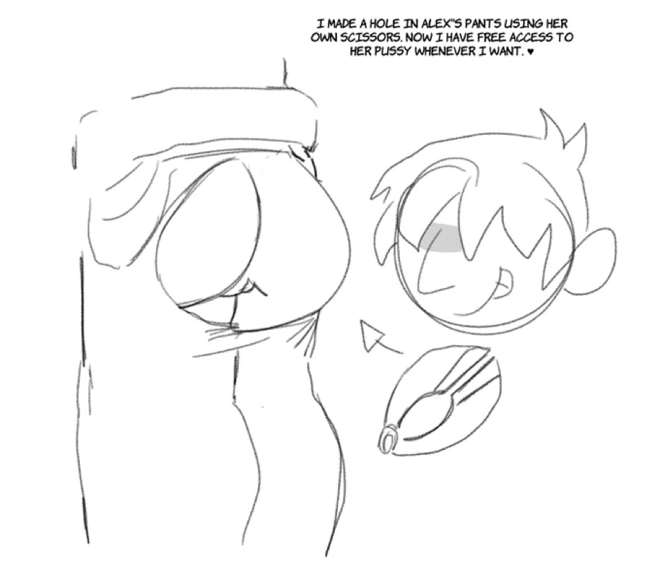alex (minecraft), ass, black and white, english text, eyeless male, female, femsub, free use, hole in pants, lilmoonie, lilmoonie (character), male, maledom, minecraft, pussy, scissors