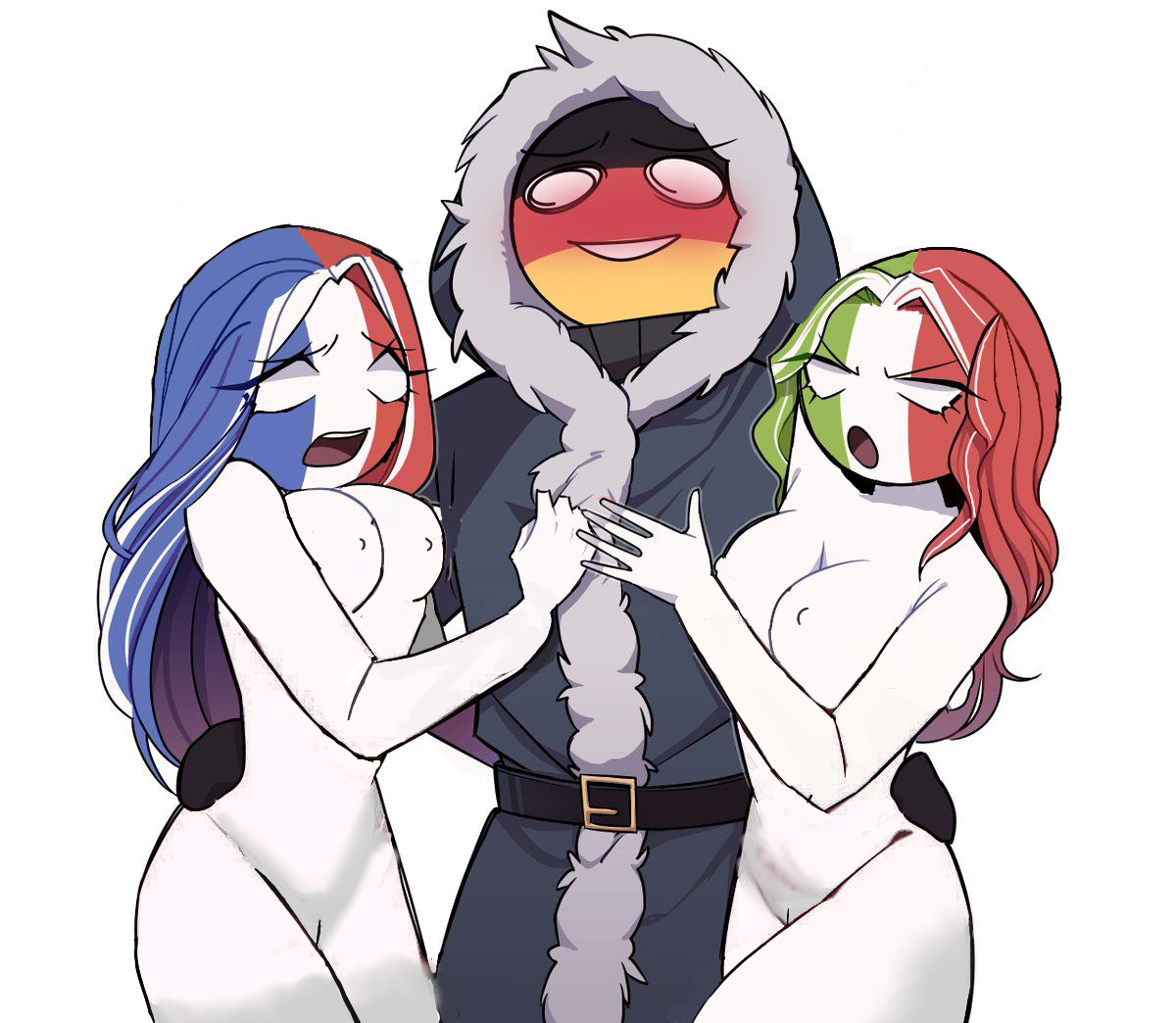 alternate version available, blush, countryhumans, countryhumans edit, countryhumans girl, edit, edited, female, fighting over boy, flustered, france (countryhumans), germany (countryhumans), italy (countryhumans), nude, saylluna, thick thighs, threesome, winter coat