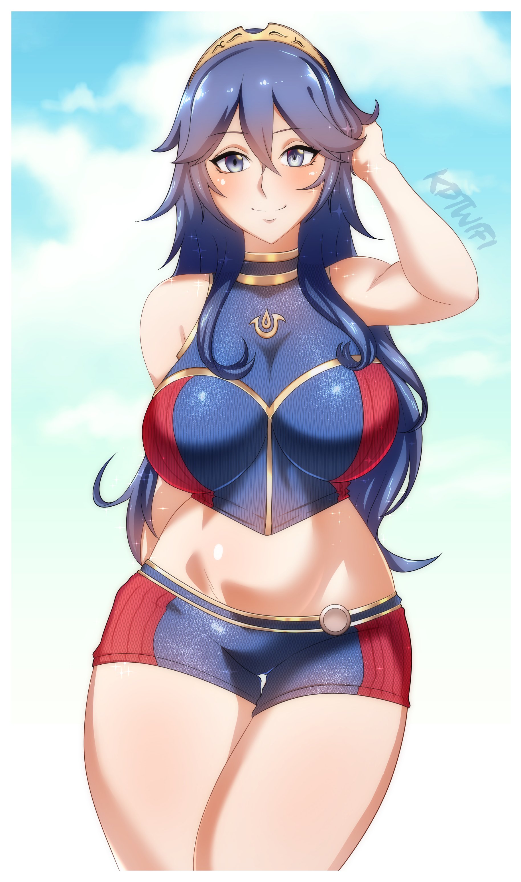 1girls, alternate costume, bare midriff, bare thighs, bikini, blue bikini, blue eyes, blue hair, blue swimsuit, breasts, female, female only, fire emblem, fire emblem awakening, fire emblem cipher, hair between eyes, kdtwifi, large breasts, long hair, looking at viewer, lucina (fire emblem), nintendo, official alternate costume, smile, solo, swimsuit, thick thighs, thighs, tiara