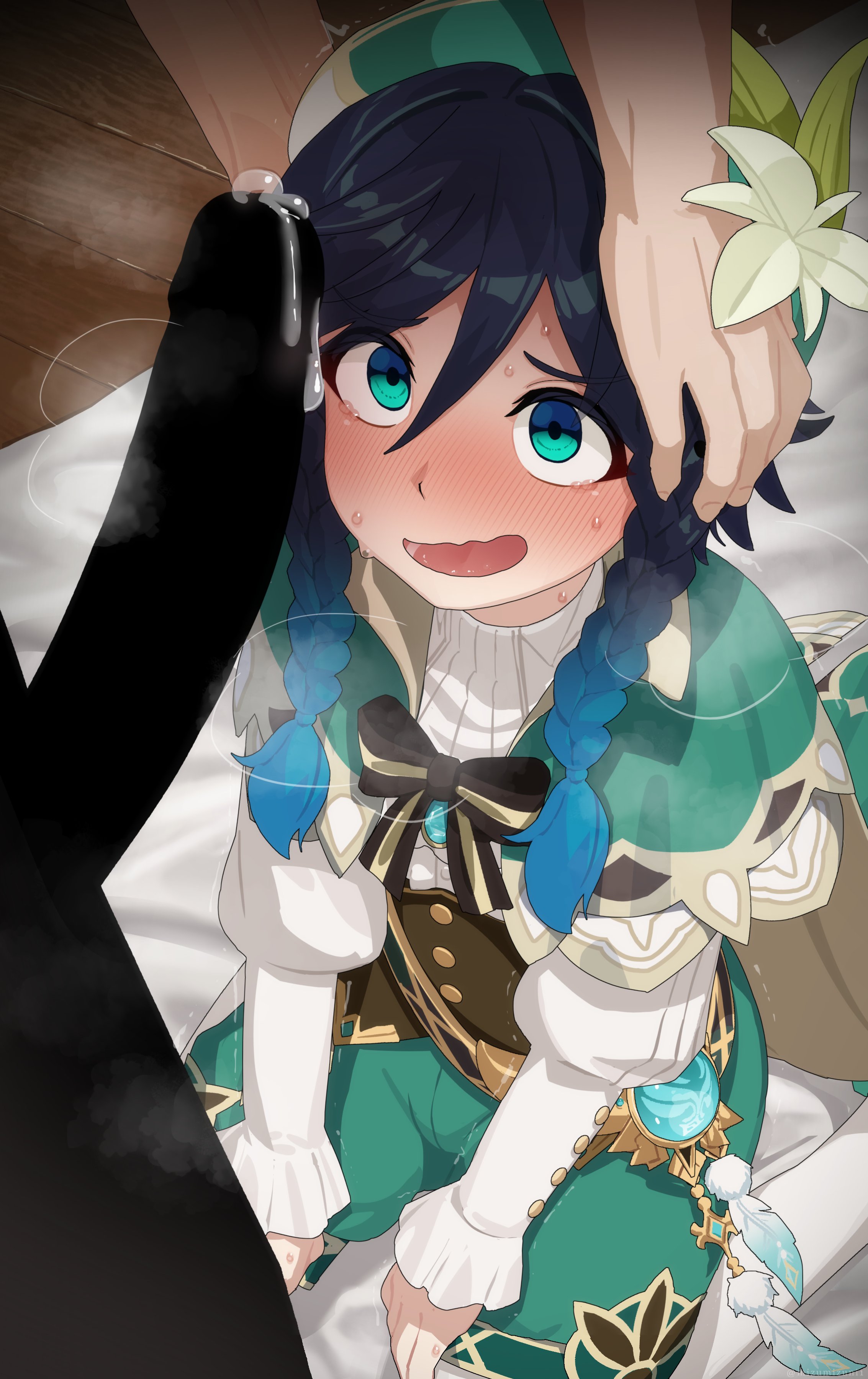 2boys, aqua eyes, big penis, blush, braided twintails, censored, convenient censoring, cute, erection, femboy, flower, flower in hat, forced, forced oral, gay, genshin impact, girly, hand on head, hat, huge cock, imminent deepthroat, imminent oral, innocent, kneeling, large penis, male, male only, male with male, mizumizuni, open mouth, oral, otoko no ko, penis, rape, sitting, skinny, sweat, two-tone hair, venti (genshin impact)