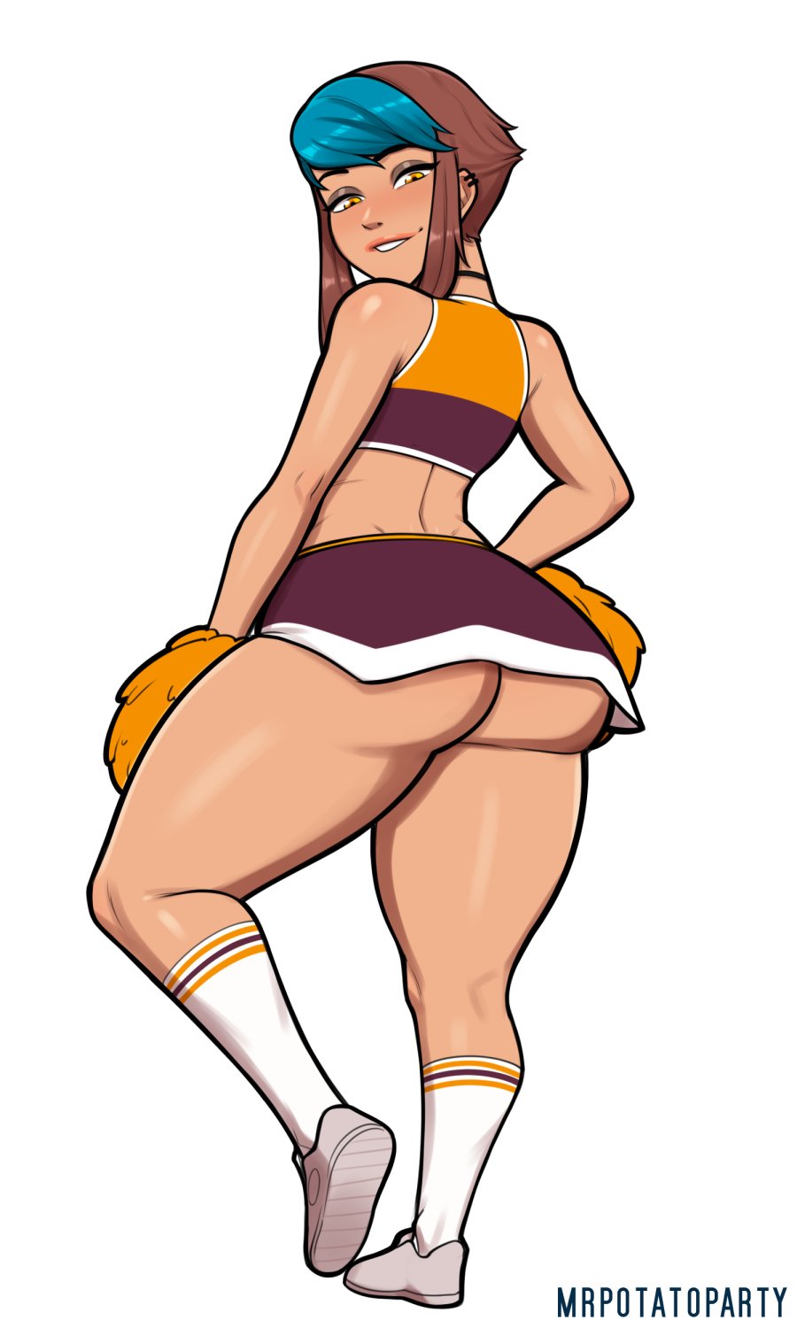 1girls, ass, ass focus, big ass, biting lip, biting own lip, blue hair, blush, blushing, brown hair, cheerleader, curvaceous, curvy, curvy figure, dyed hair, ear piercing, female, female focus, female only, large ass, lip biting, long socks, looking at viewer, looking back, looking down, makeup, micaela (mrpotatoparty), mrpotatoparty, oc, original, original character, pom poms, shortstack, simple background, socks, solo, solo female, solo focus, tan skin, tan-skinned female, thick thighs, voluptuous, wide hips, yellow eyes
