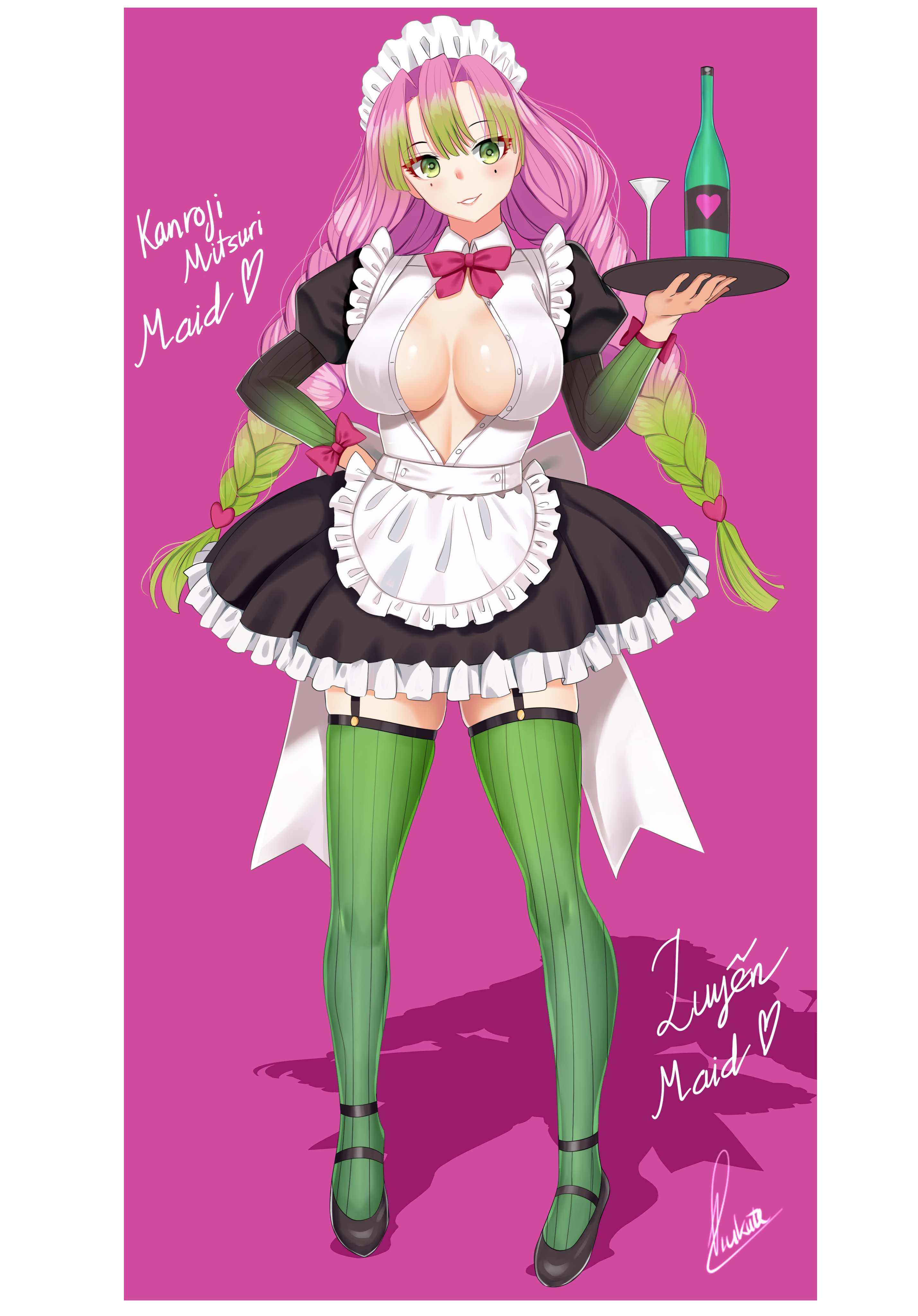 1girls, alternate costume, apron, bangs, big breasts, braided hair, breasts, cleavage, demon slayer, female, female only, frills, full body, garter straps, gradient hair, green eyes, hand on hip, kanroji mitsuri, kimetsu no yaiba, long hair, long sleeves, looking at viewer, maid, maid headdress, maid uniform, no bra, open shirt, pink background, pink hair, pink-haired female, piukute062, puffy sleeves, smile, solo, standing, stockings, thighhighs, tray, two-tone hair, unbuttoned, zettai ryouiki