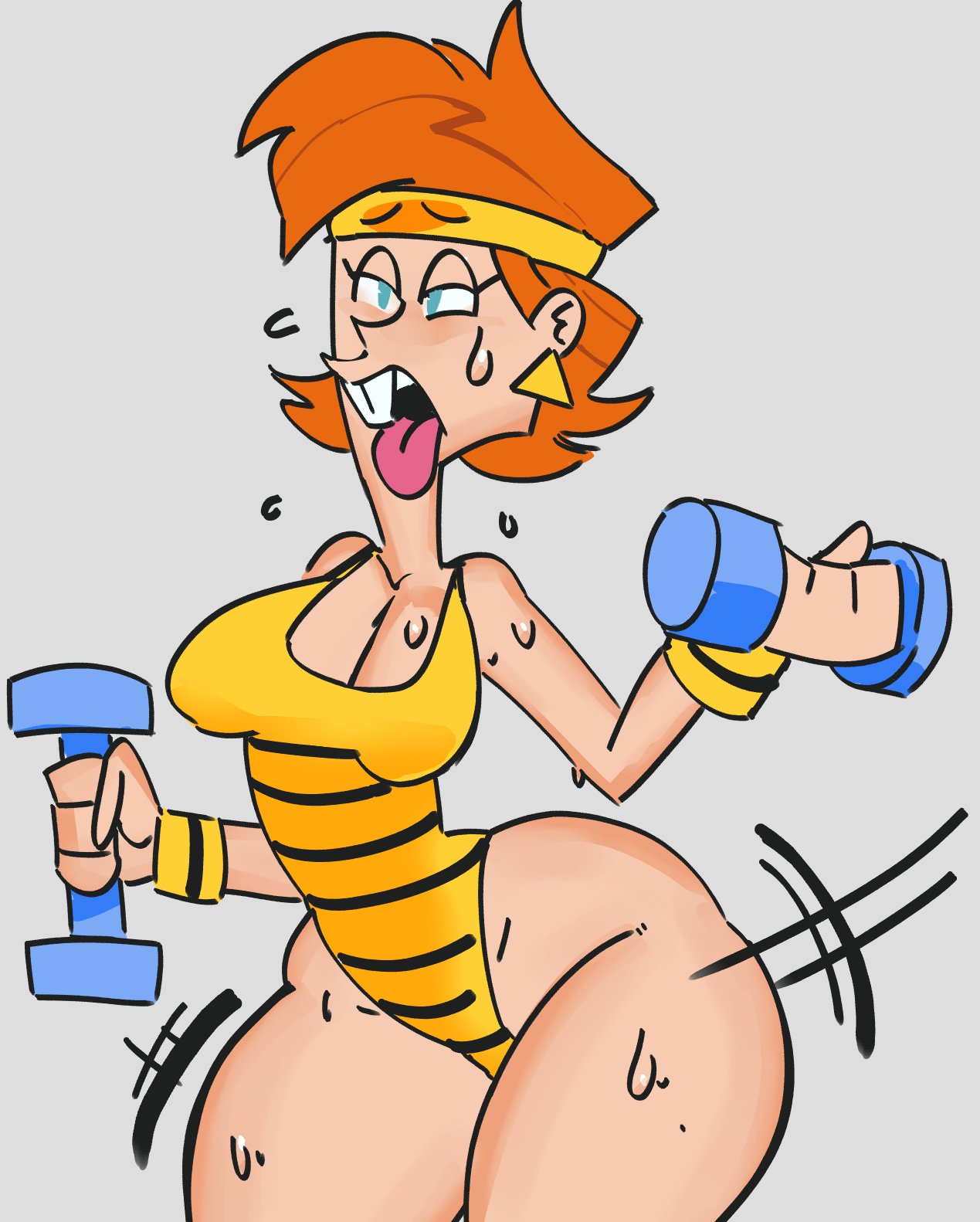 1girls big_breasts blue_eyes breasts buckteeth cleavage curvy_female dumbbell dumbbells ear_piercing earrings exercise female headband hourglass_figure mary_frances_gibbons medium_hair milf mooncheez3 nickelodeon orange_hair panting red_hair solo solo_female striped_clothing sweat sweatdrop sweating the_mighty_b! thick_thighs voluptuous wide_hips workout_clothes wristbands