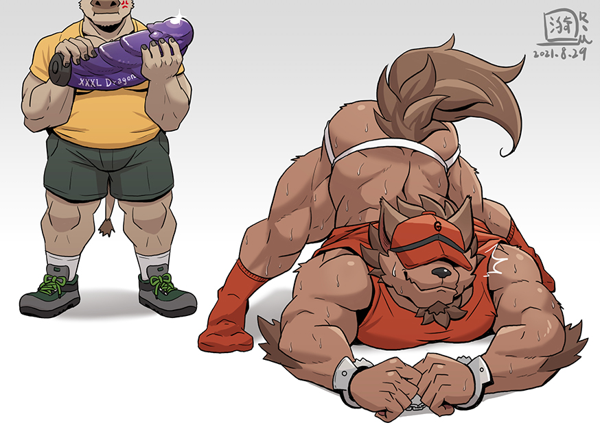 anthro boss_(gym_pals) bottomwear bovid bovine canid canine canis cattle clothing dildo gym_pals h155296 hat headgear headwear jack-o'_pose jockstrap male male_focus male_only mammal manager_(gym_pals) pose sex_toy shorts underwear wolf