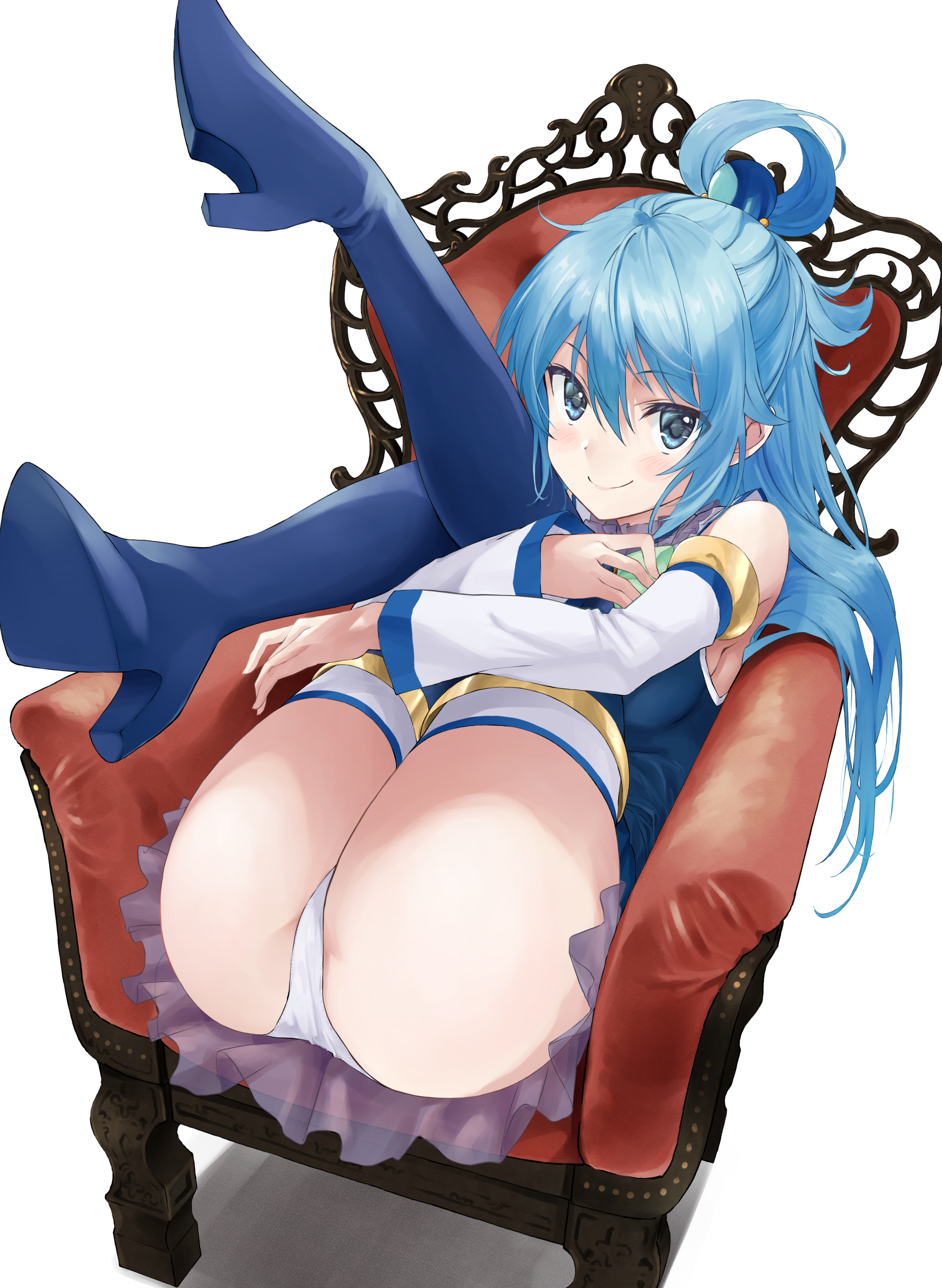 aqua (konosuba), ass, blue eyes, blue hair, boots, clothed, female, female only, footwear, heel boots, heels, high heel boots, kono subarashii sekai ni shukufuku wo!, legs up, solo