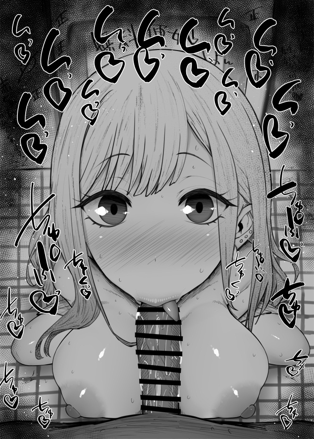 :>=, 1boy, 1girls, big breasts, big penis, black and white, blonde hair, blowjob, blush, breasts, censored, dark skin, dark-skinned male, deepthroat mark, detailed background, drooling, ear piercing, earrings, erect nipple, erect nipples, eye contact, eyelashes, fellatio, female, fringe, gyaru, hands-free, heart, human, indoor, inside, kitagawa marin, kneeling, kurotama, light skin, light-skinned female, light-skinned male, long hair, looking at viewer, male, male pov, nipples, oral, oral sex, pale skin, pale-skinned female, penis, petite, piercing, pink eyes, pink hair, pov, room, saliva, saliva trail, shiny, shiny skin, sketch, sono bisque doll wa koi wo suru, sound effects, squatting, sweat, teenager, text, toilet, tongue, tongue out, two-tone hair, vein, veins, veiny, veiny penis