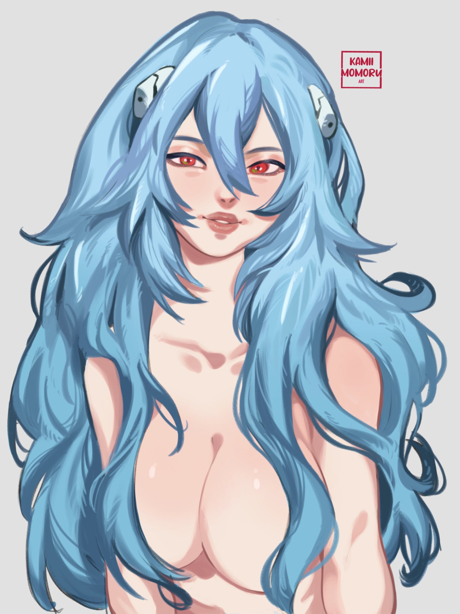 1girls, big breasts, blue hair, breasts, busty, female, female only, hair covering breasts, hair over breasts, human, kamii momoru, large breasts, light skin, light-skinned female, long hair, looking at viewer, neon genesis evangelion, pale skin, pale-skinned female, rebuild of evangelion, red eyes, rei ayanami, solo, solo female