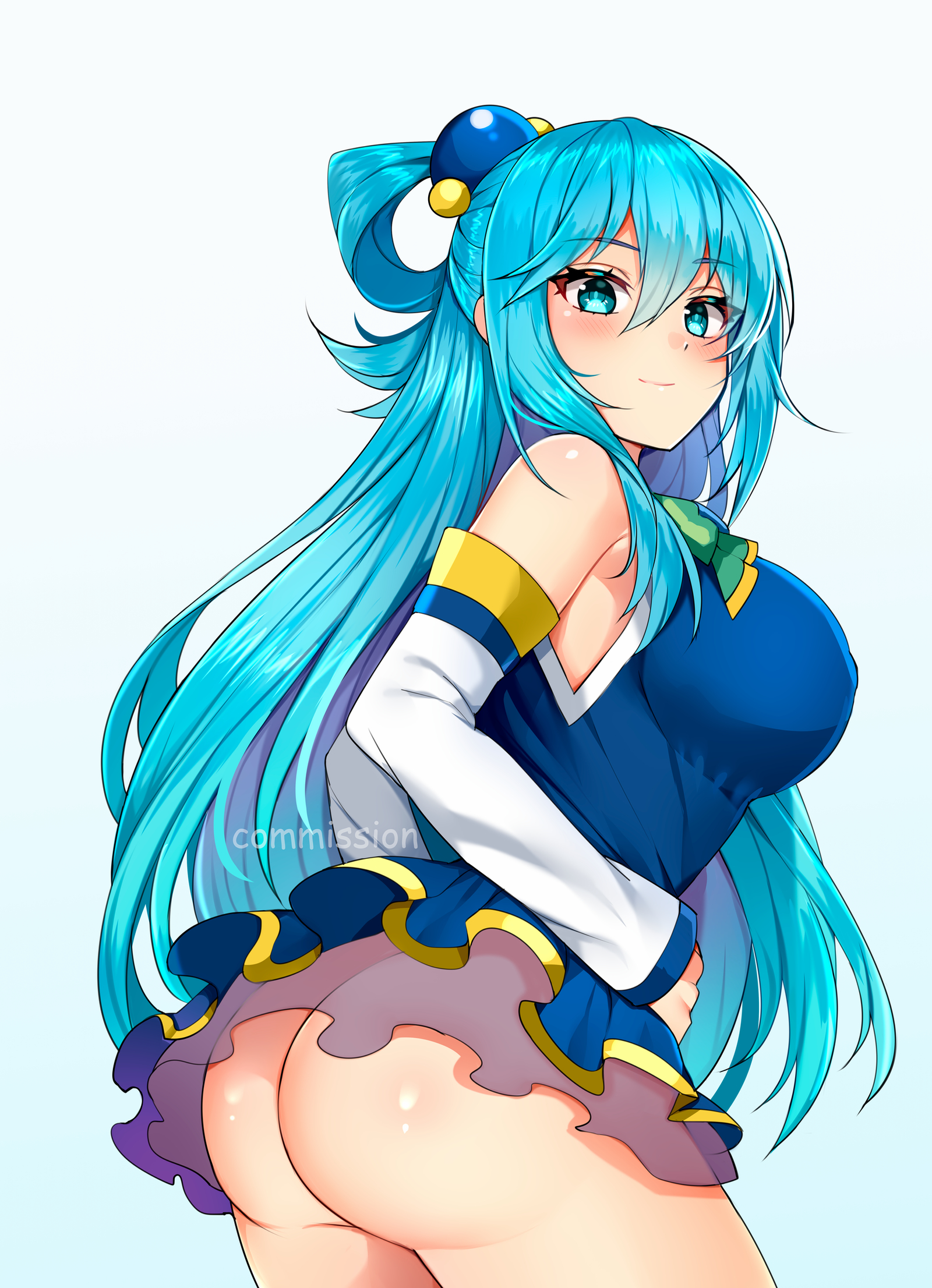 aqua (konosuba), ass, blue eyes, blue hair, bottomless, female, hair ornament, kono subarashii sekai ni shukufuku wo!, long hair, no panties, solo