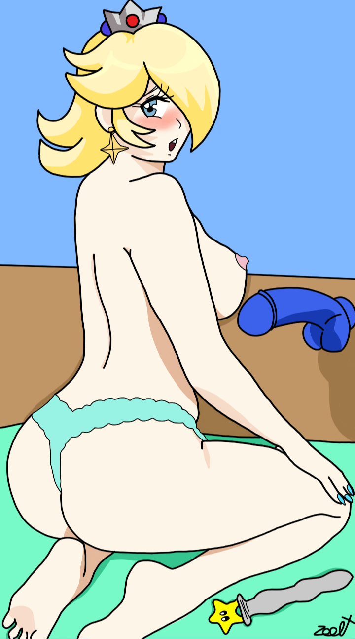 aqua_panties areolae big_ass big_breasts bimbo blonde_hair blue_background blue_eyes blue_nail_polish blush curvy_figure dildo dildo_on_bed feet female female_only green_blanket hair_over_one_eye kneeling looking_at_viewer mario_(series) nintendo nipples nude_female open_mouth pale_skin princess_rosalina shame surprised_expression teeth yellow_hair zoolt