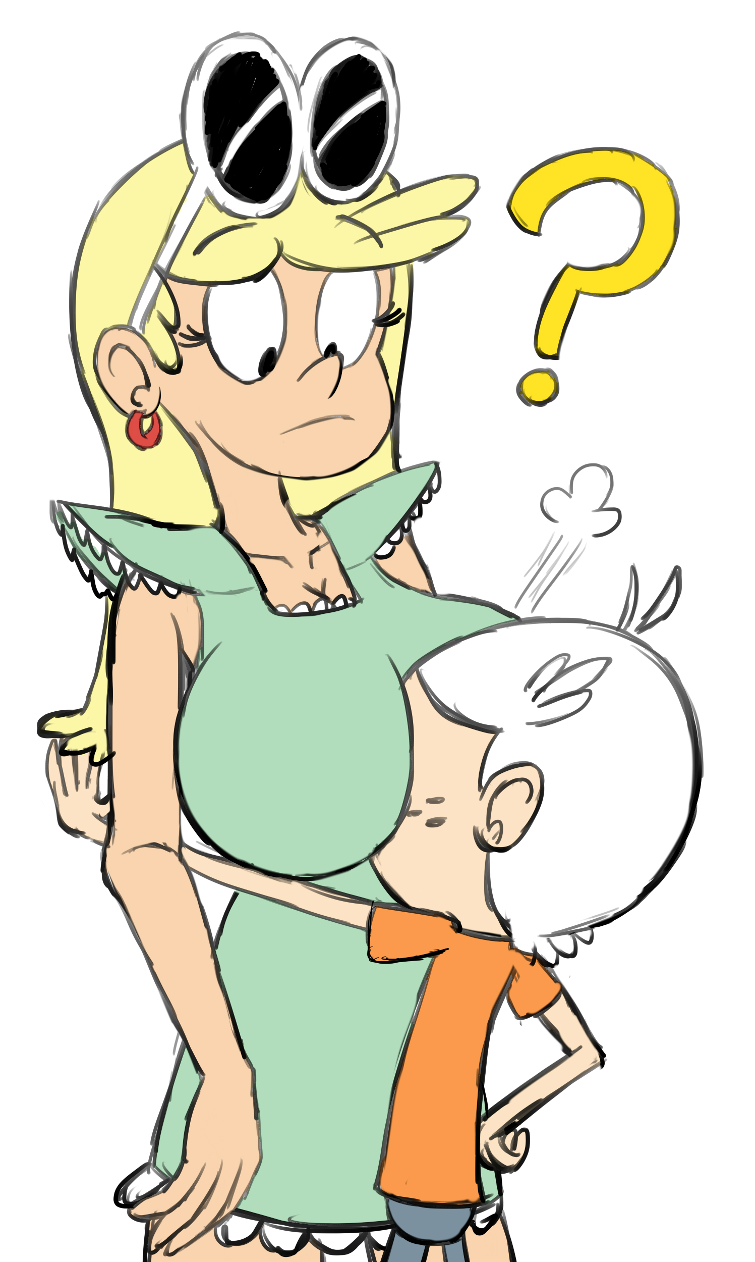 1boy, 1girls, big breasts, blonde female, breasts, breasts on face, brother, brother and sister, confused, duskull (artist), earrings, faceless male, female, fully clothed, incest, leni loud, lincoln loud, male, nickelodeon, older sister, question mark, siblings, sunglasses on head, the loud house, voluptuous, white background, younger brother