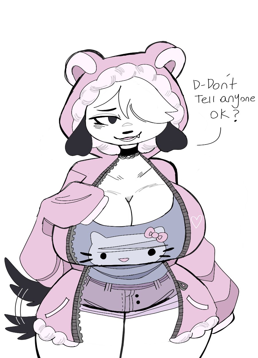 big_breasts breasts canid canine canis clothed clothing dialogue english_text female fur furry furry_only hello_kitty hello_kitty_(character) hello_kitty_(series) hoodie kitty_white pepper_(puppychan) puppychan sanrio tagme tail text thick_thighs wide_hips