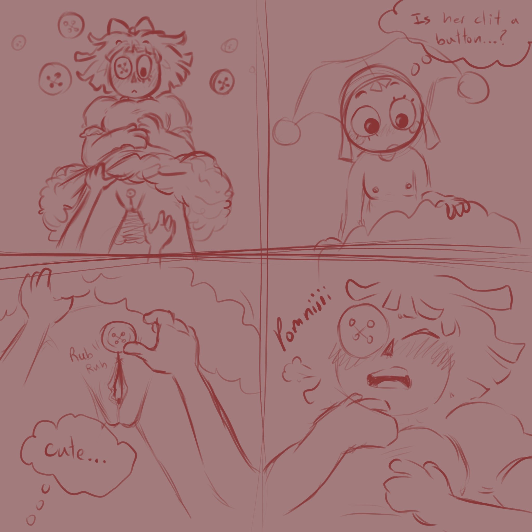 2026, 2girls, 4 panel comic, blush, bottomless female, bow, button clit, button eye, clitoris, doll girl, dress lift, glitch productions, gooseworx, jester, jester girl, jester hat, jesterdoll, lesbian sex, pomni, pomni (tadc), pomni (the amazing digital circus), pussy, ragatha, ragatha (tadc), ragatha (the amazing digital circus), rubbing clitoris, sketch, small breasts, tagme, tagme (artist), the amazing digital circus, topless female, yuri