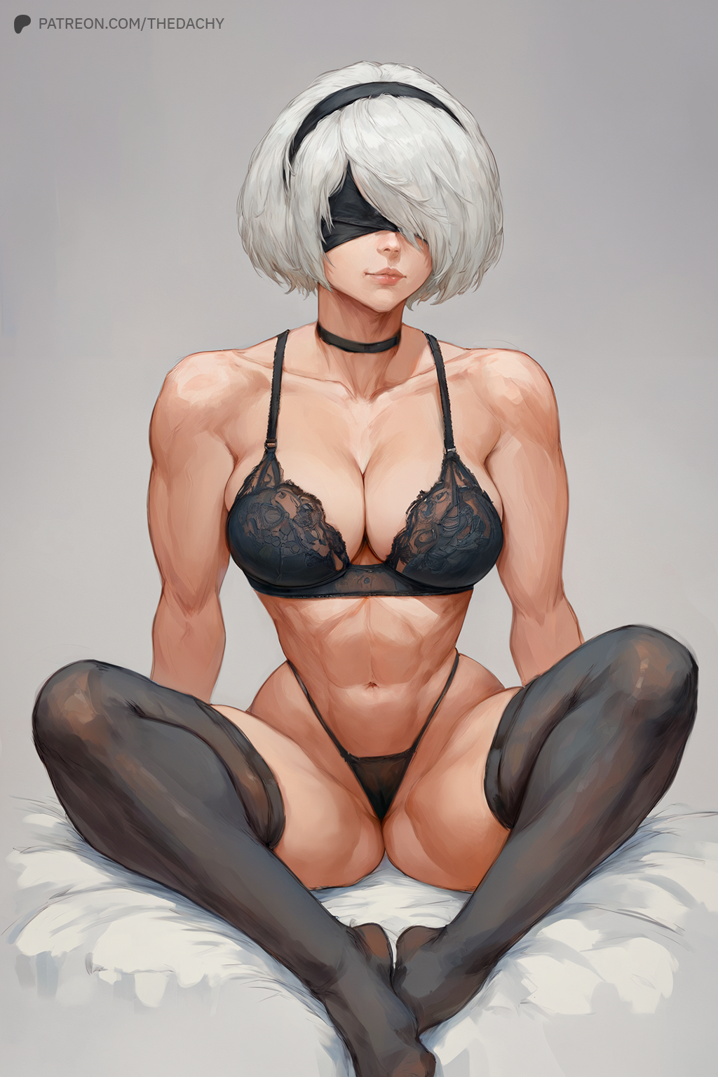 abs ai_generated ass big_breasts breasts cleavage clothing curvy curvy_figure female female_only fit fit_female hair human large_ass large_breasts light_skin mask muscular_thighs navel nier:_automata short_hair simple_background sitting solo spread_legs tagme thedachy thick_thighs thighhighs thighs uncensored video_games voluptuous white_hair wide_hips yorha_2b