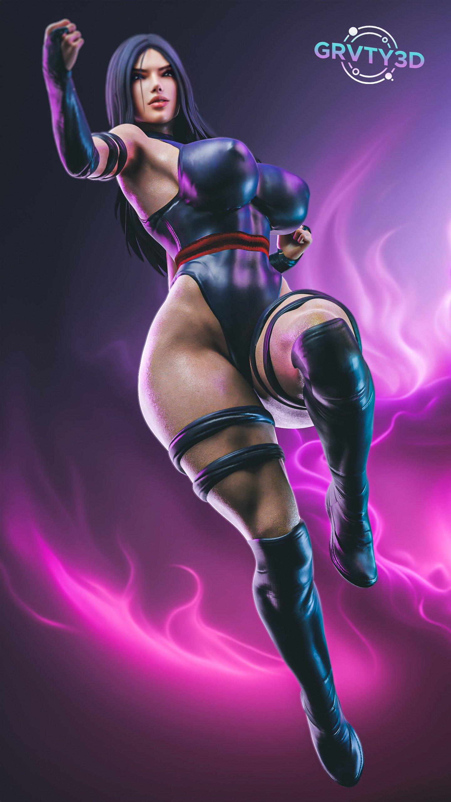1girls, 3d, big breasts, breasts, female, female only, grvty3d, marvel, marvel comics, muscular, muscular female, mutant (marvel), psylocke (kwannon), x-men