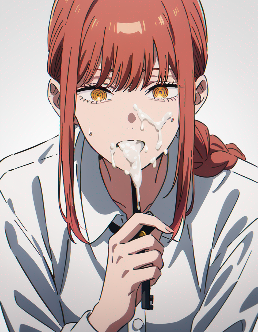 1girls ai_generated chainsaw_man clothed cum cum_drip cum_in_mouth cum_on_face cum_on_tongue drooling drooling_cum eating eating_cum female female_only makima_(chainsaw_man) morindar open_eyes open_mouth red_hair shirt swallowing swallowing_cum white_shirt yellow_eyes