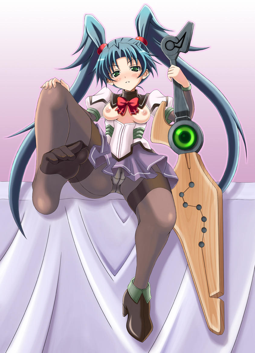 1girls blue_hair blush breasts breasts_out cameltoe crotch_seam feet female green_eyes innie_pussy kutuna_yui long_hair nipples panties panties_under_pantyhose pantyhose pov_feet seamed_legwear single_shoe sitting skirt small_breasts soles solo sword thighband_pantyhose tied_hair toes twintails underwear upskirt vanguard_princess very_long_hair weapon yasuzumi_haruto