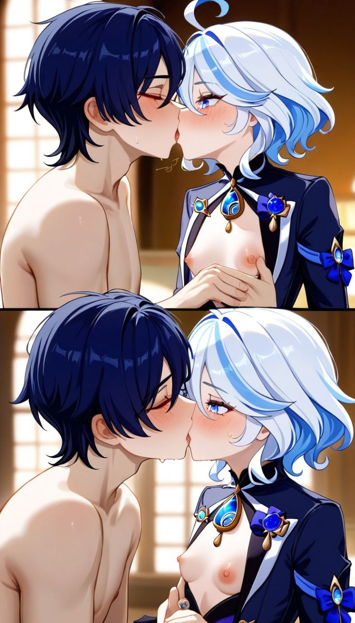 1boy 1girls ai_generated blue_eyes blue_hair female flat_chested french_kiss furina_(genshin_impact) genshin_impact kissing making_out male male/female nipples open_clothes open_shirt scaramouche_(genshin_impact) shirtless shirtless_male small_breasts straight tagme tongue_kiss