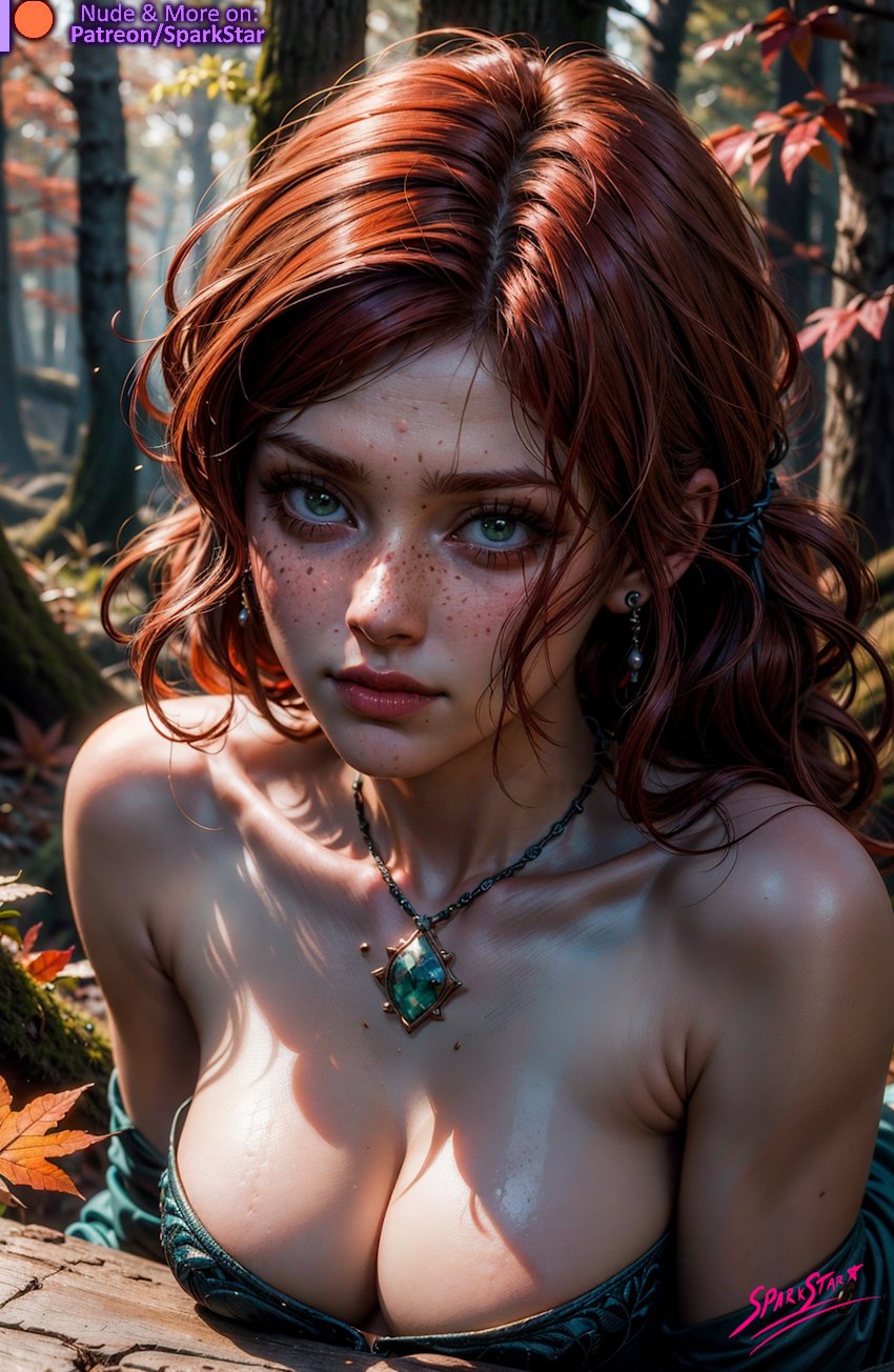 ai_generated cleavage earings forest freckles green_eyes long_eyelashes necklace presenting_breasts red_hair seductive_look sexy_outfit shiny_skin spark_star squeezing_breast the_witcher_(series) triss_merigold wavy_hair