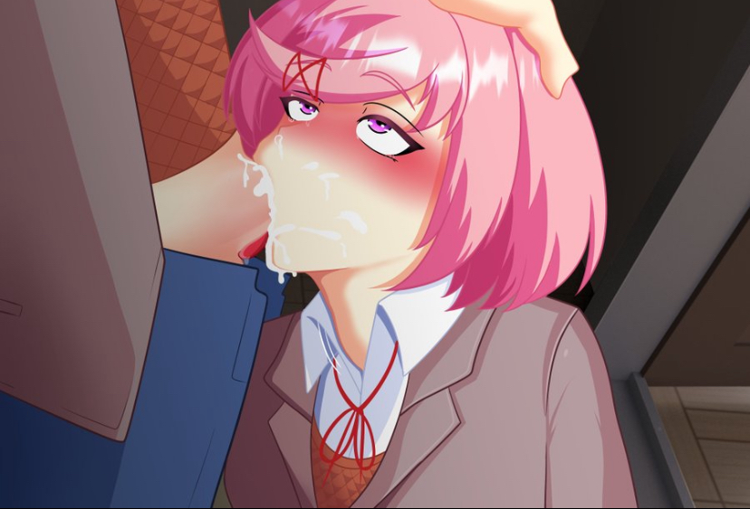 1boy 1girls blowjob blush caught caught_in_the_act cum cum_in_mouth cum_in_throat cum_inside cum_on_face deepthroat doki_doki_literature_club fellatio female gabrielvizari male mc_(doki_doki_literature_club!) natsuki_(doki_doki_literature_club) oral oral_sex pink_eyes pink_hair throat_bulge