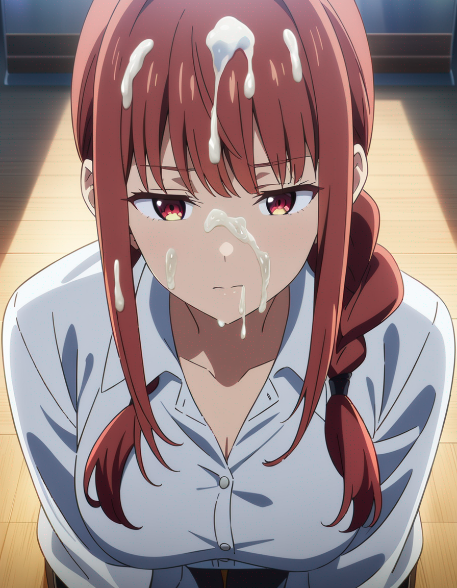 1girls a_lot_of_cum after_bukkake ai_generated big_breasts breasts bukkake chainsaw_man closed_mouth clothed cum_drip cum_on_face cum_on_hair cute cute_face female female_only makima_(chainsaw_man) morindar open_eyes red_hair shirt white_shirt yellow_eyes