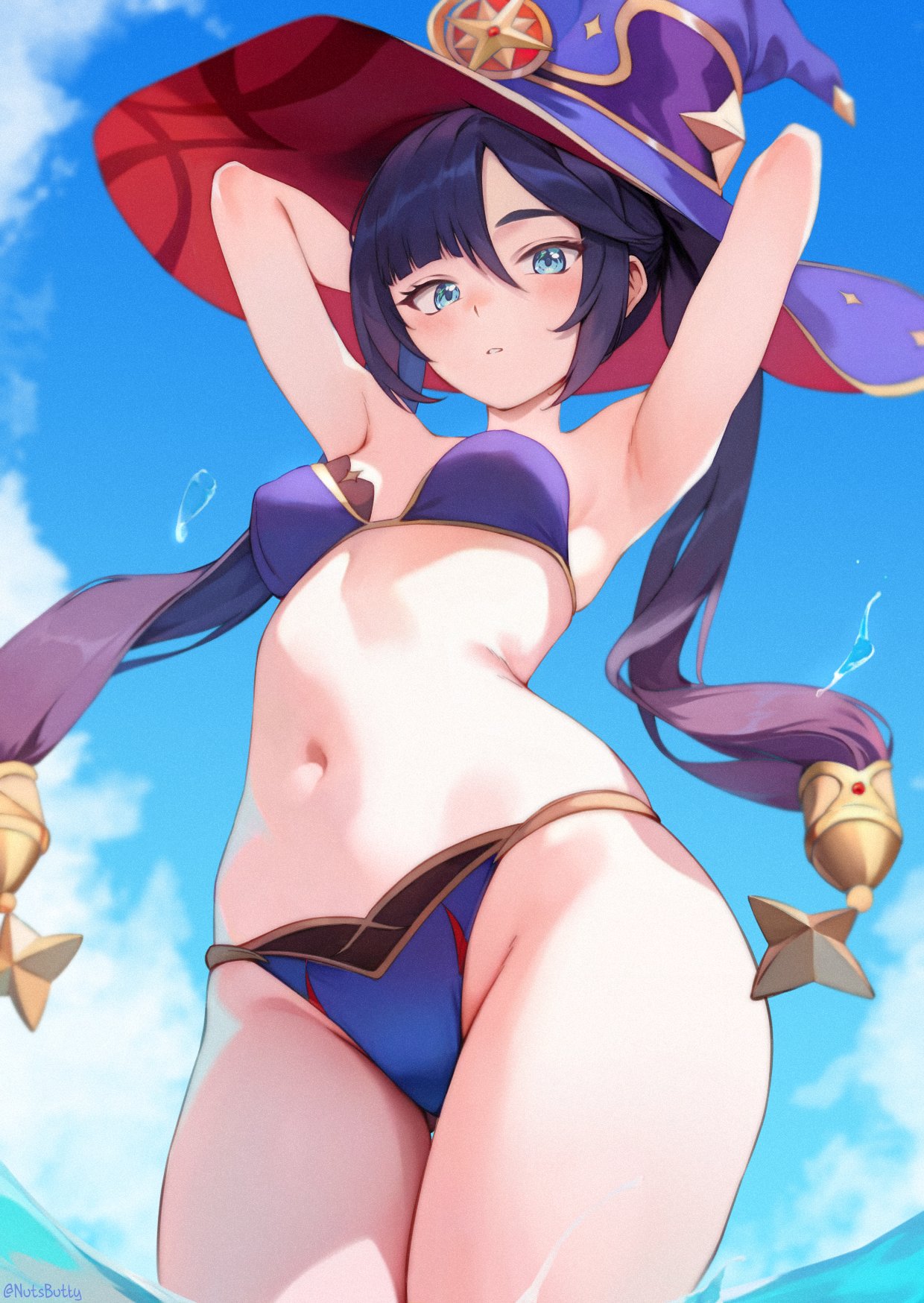 1girls, bikini, breasts, female, female only, genshin impact, light skin, light-skinned female, looking at viewer, mona (genshin impact), mondstadt girls, nutsbutty, small breasts, solo, swimsuit